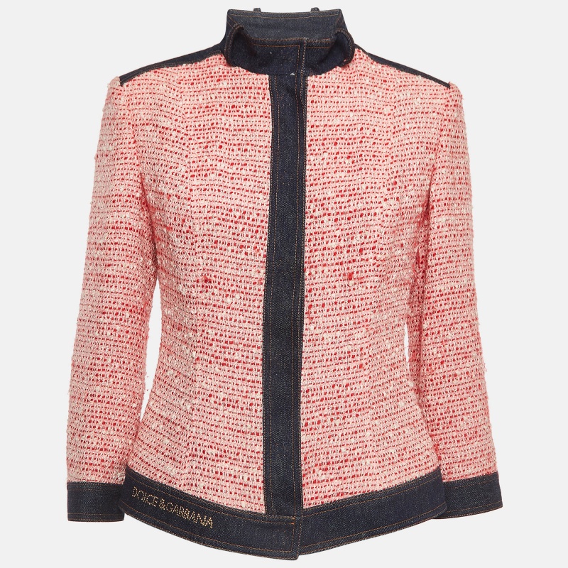 Dolce & gabbana vintage pink tweed and denim trim jacket m
