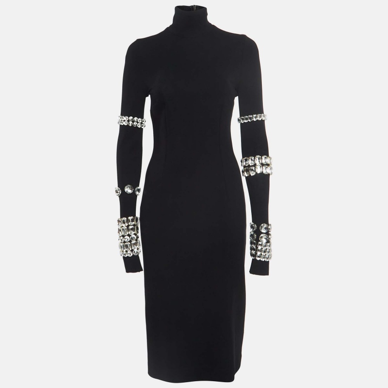 Dolce & gabbana kim black jersey rhinestone embellished midi dress s