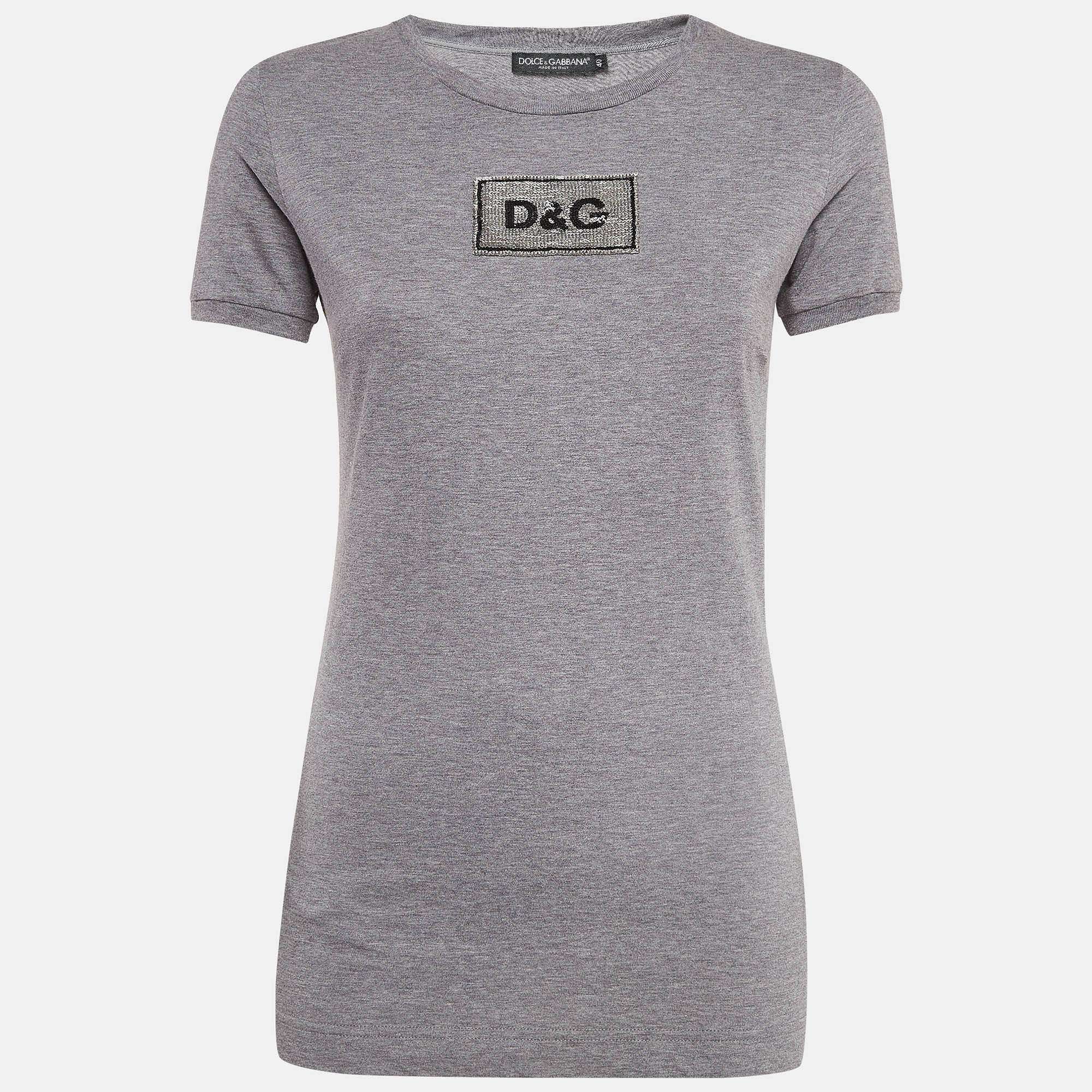 Dolce & gabbana grey logo embellished cotton knit t-shirt s