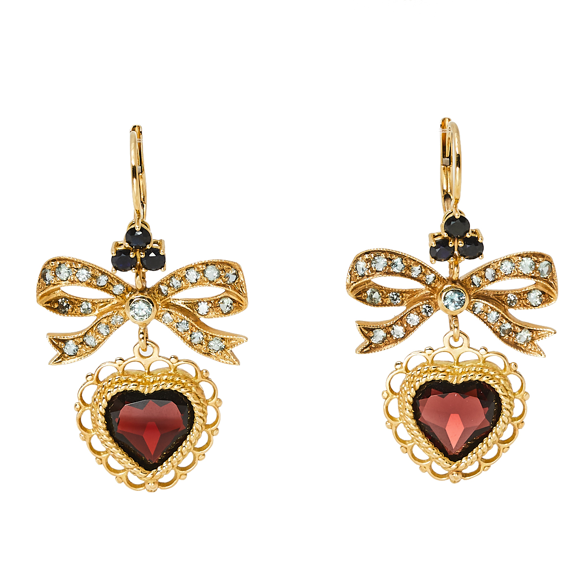 Dolce & Gabbana Bow Heart Multicolor Sapphire Garnet 18k Yellow Gold Leverback Earrings