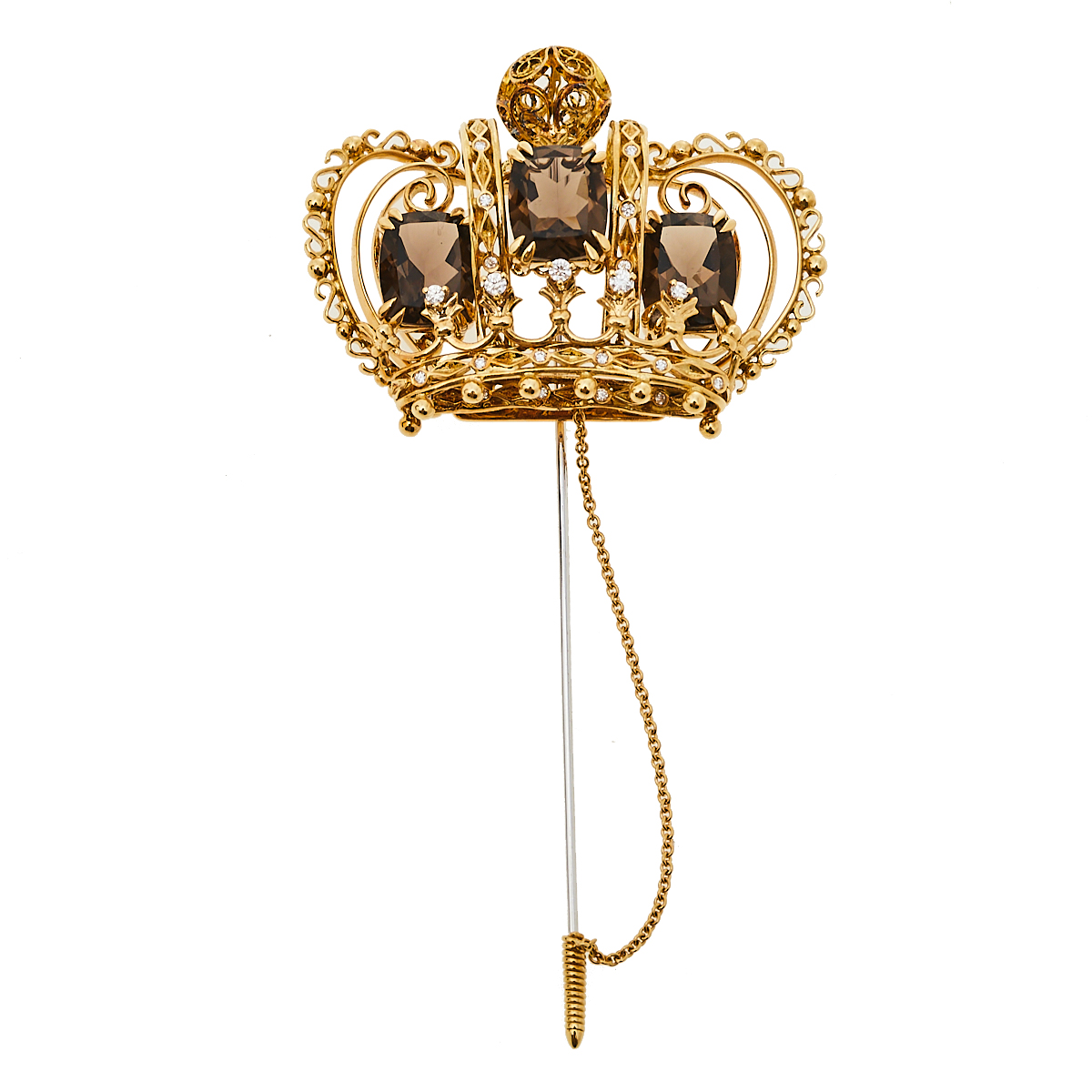 Dolce & Gabbana Crown Smoky Quartz Diamond 18k Yellow Gold Stick Pin Brooch