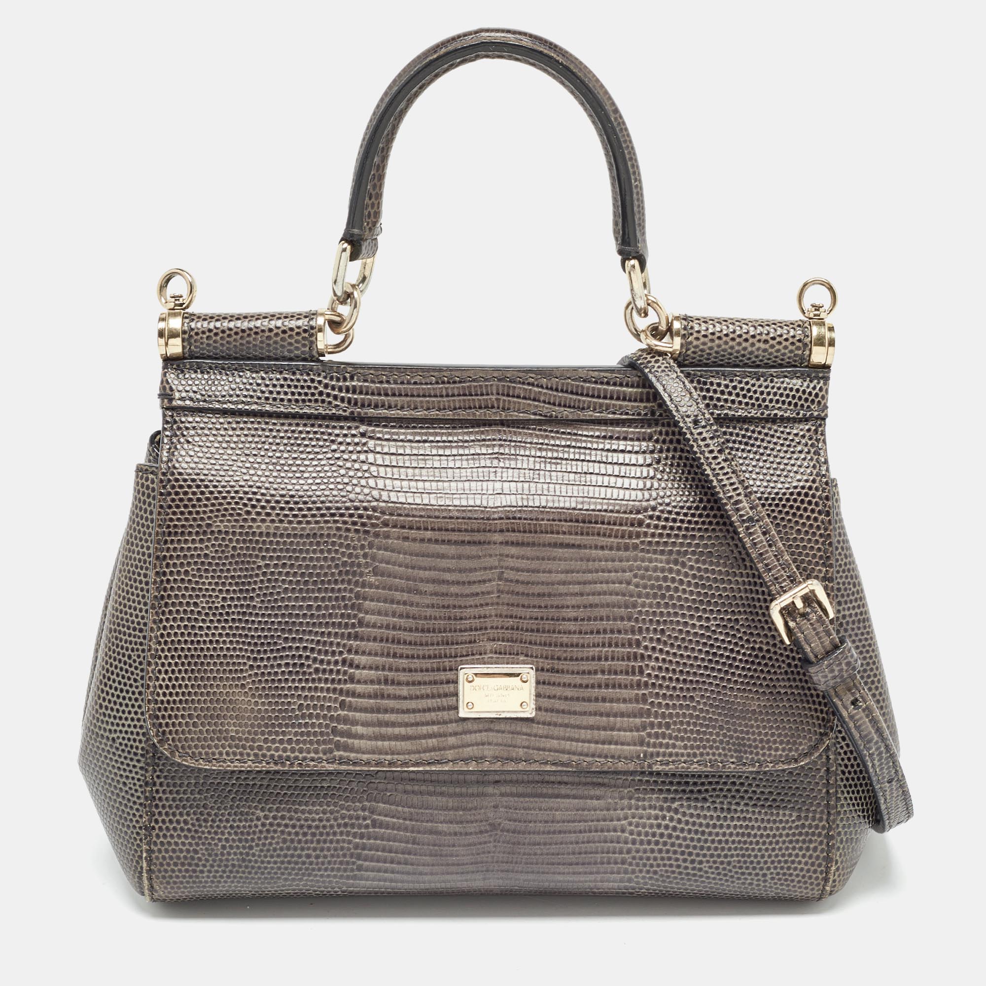 Dolce & gabbana grey lizard embossed leather small miss sicily top handle bag
