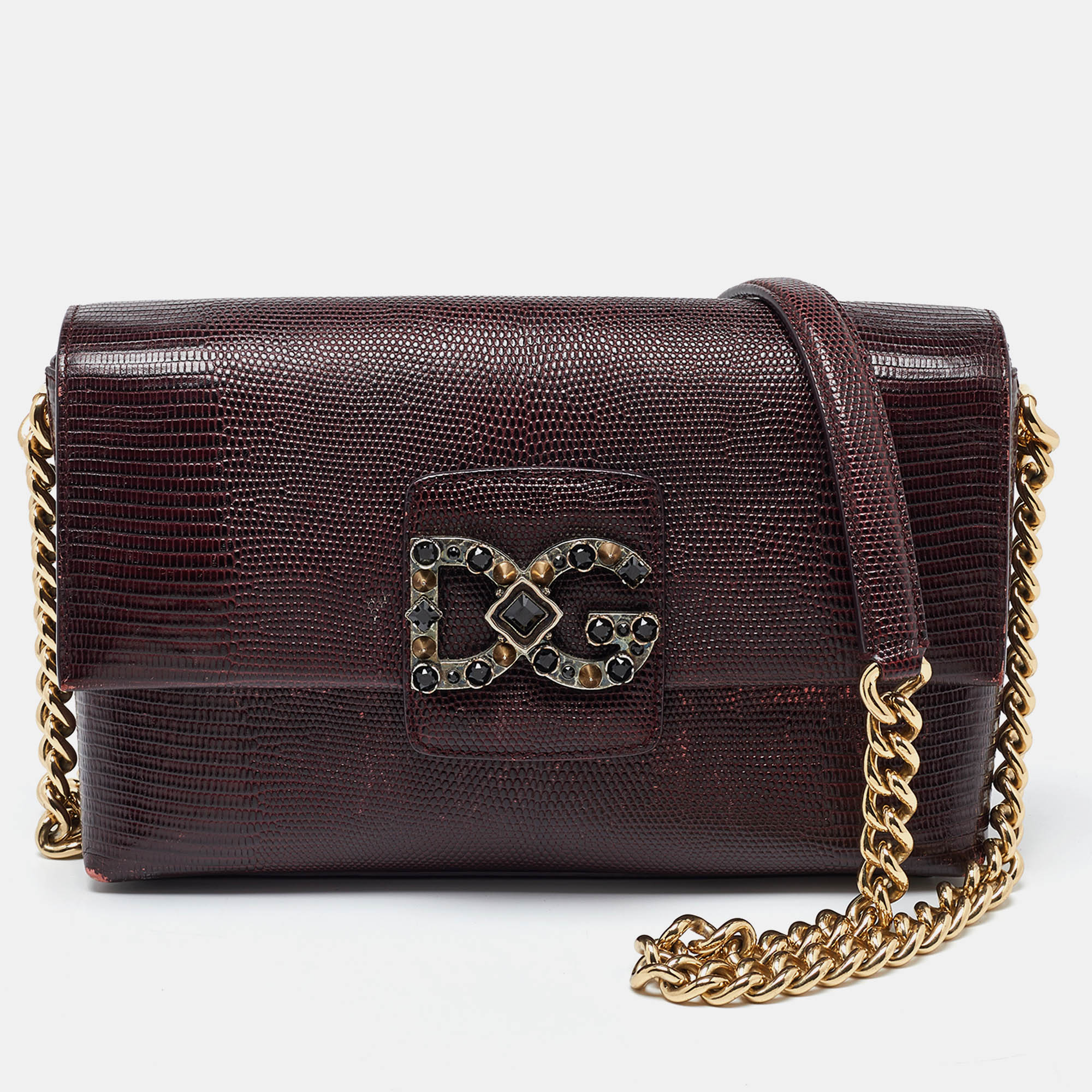 Dolce & gabbana burgundy lizard embossed leather dg millennials shoulder bag