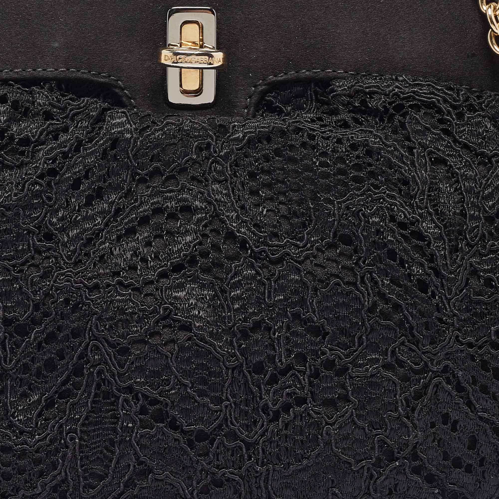 Dolce & Gabbana Black Lace And Satin Turnlock Frame Chain Clutch