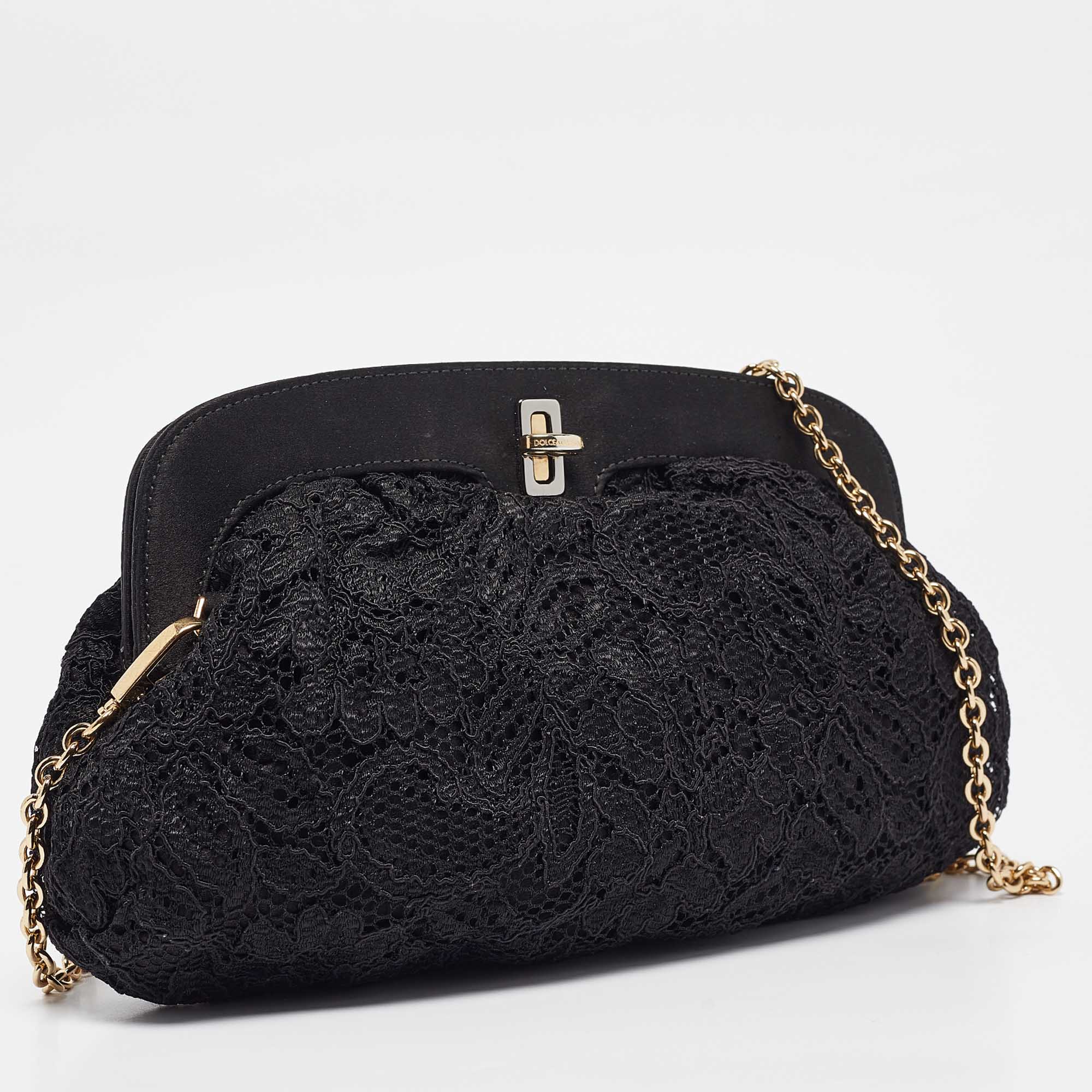 Dolce & Gabbana Black Lace And Satin Turnlock Frame Chain Clutch