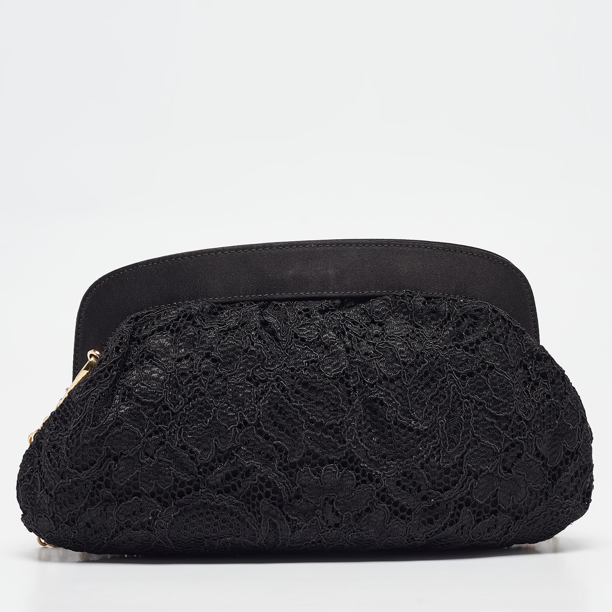 Dolce & Gabbana Black Lace And Satin Turnlock Frame Chain Clutch