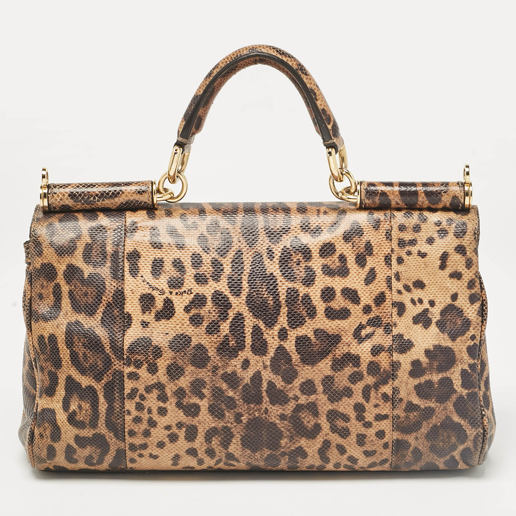 Dolce & Gabbana Brown Leopard Print Lizard Leather Top Handle Bag