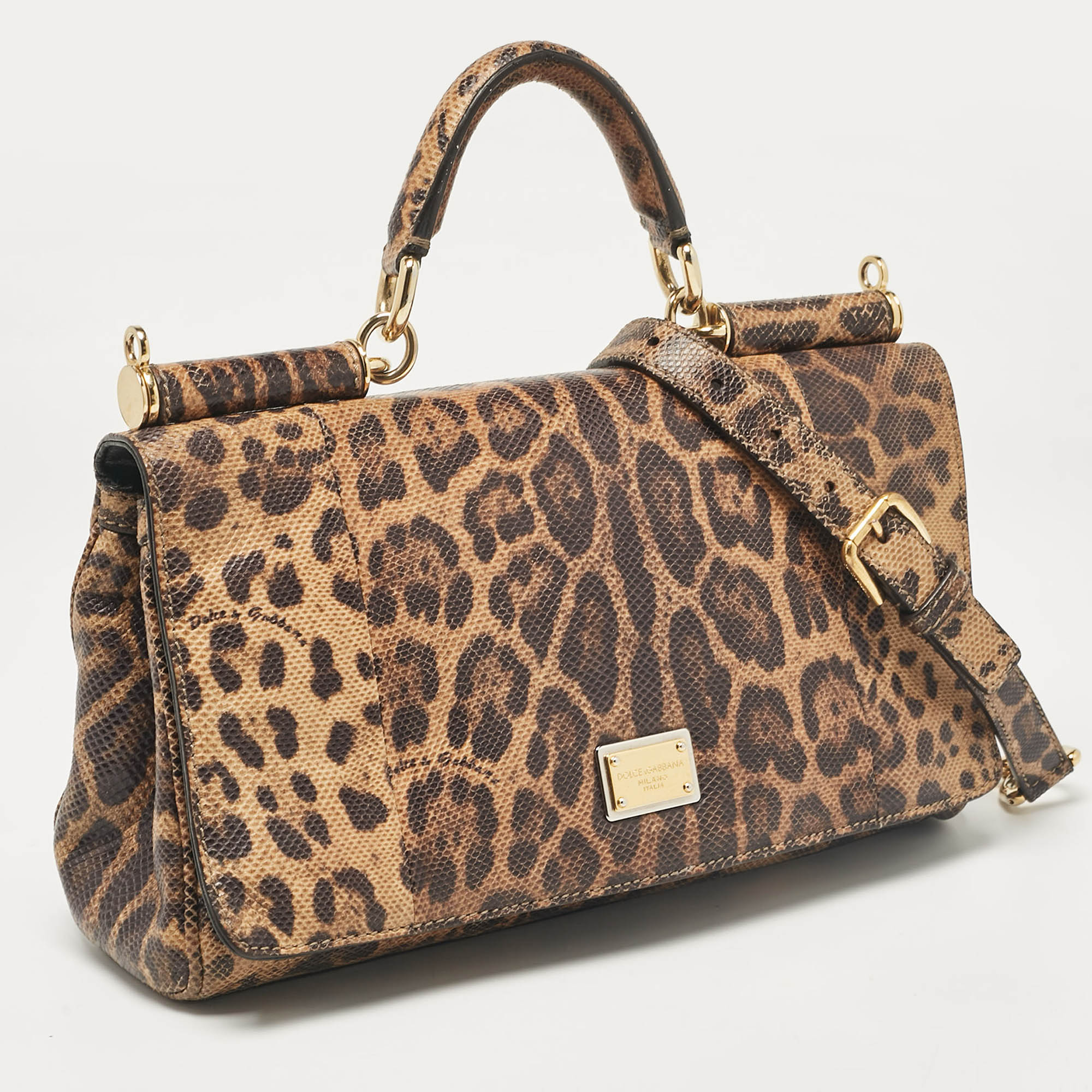 Dolce & Gabbana Brown Leopard Print Lizard Leather Top Handle Bag