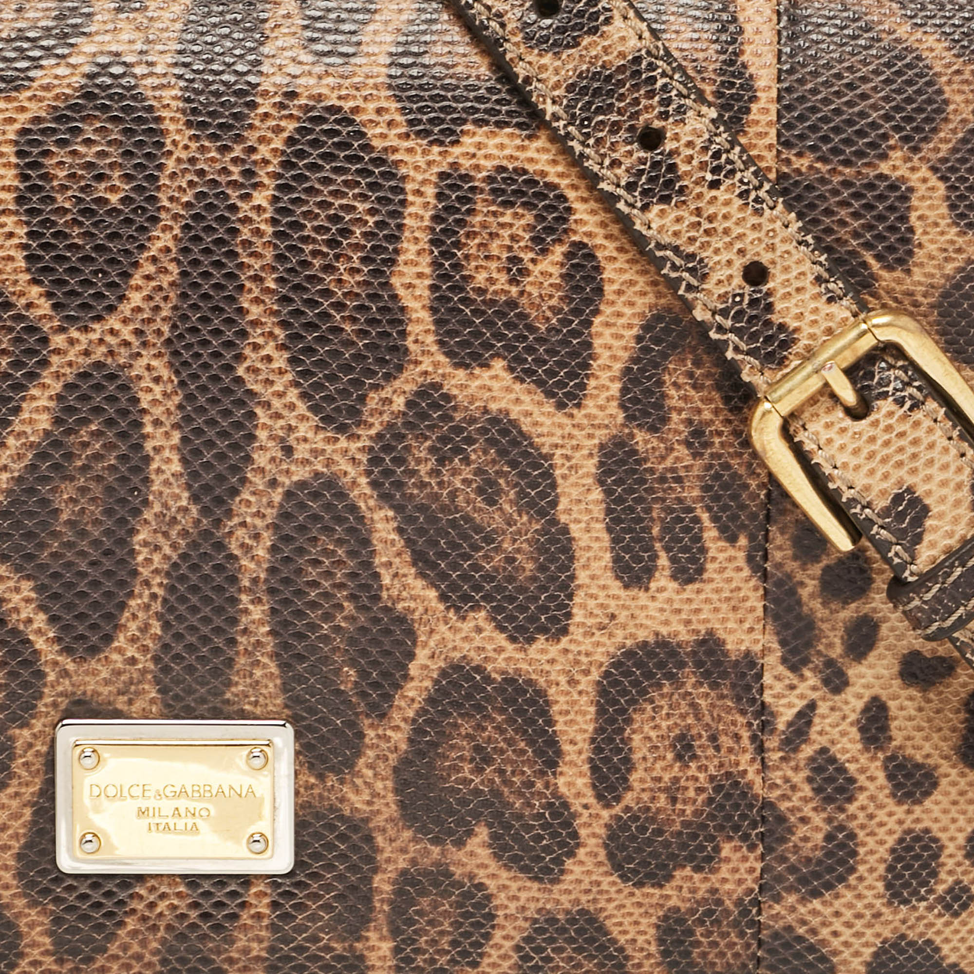 Dolce & Gabbana Brown Leopard Print Lizard Leather Top Handle Bag