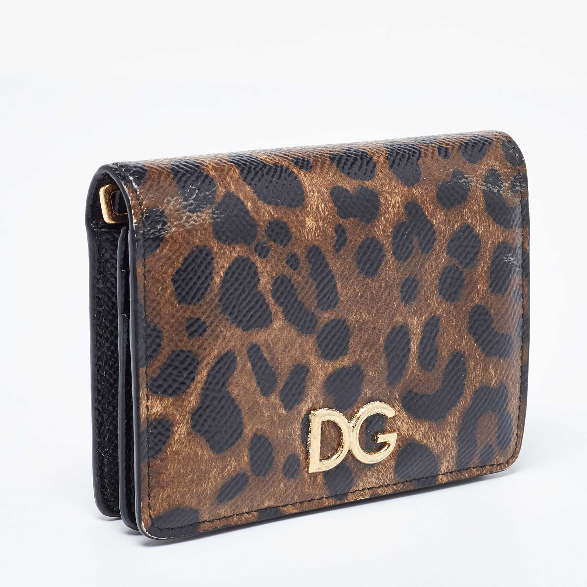 Dolce & Gabbana Brown Leopard Print Leather DG Logo Compact Wallet