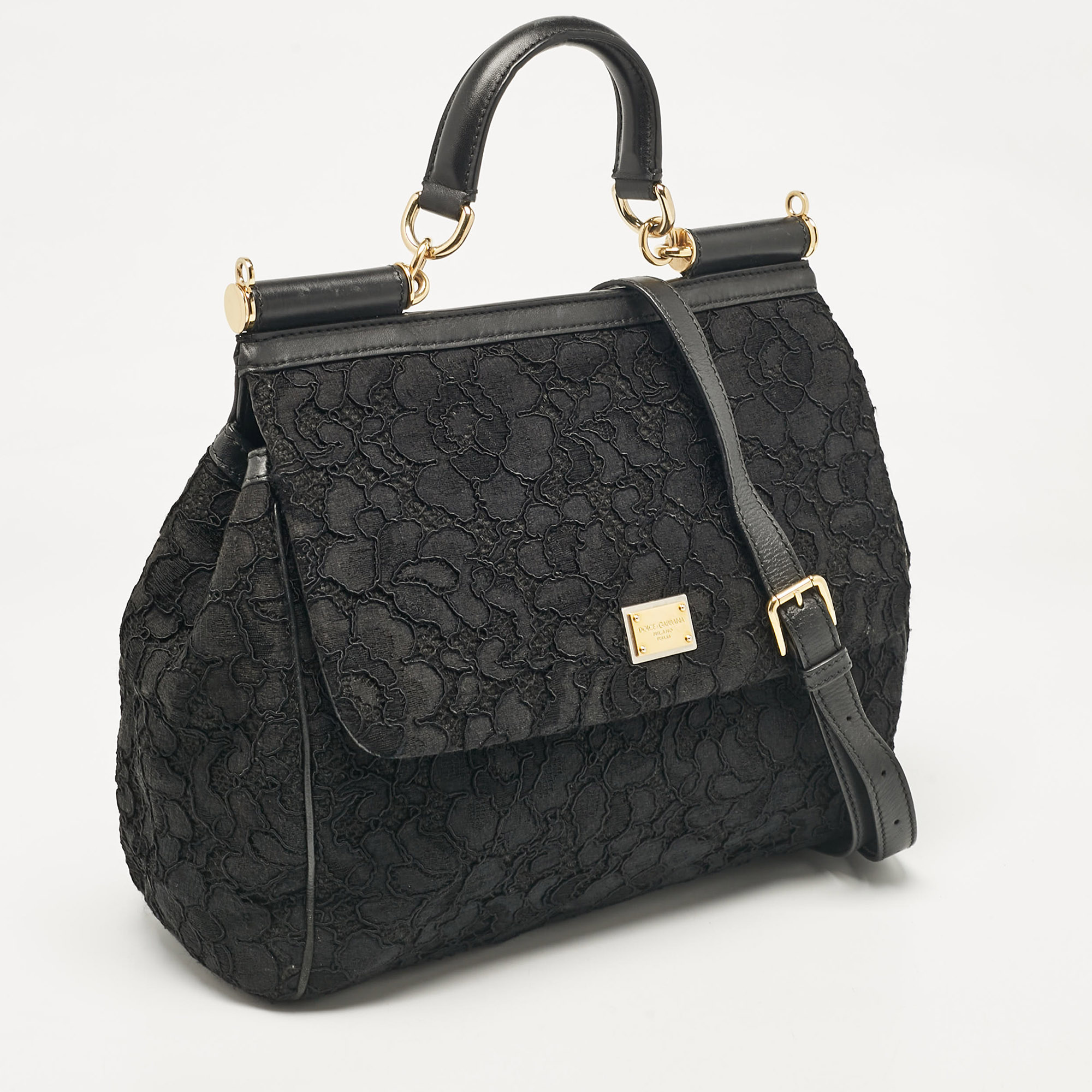 Dolce & Gabbana Black Lace Fabric Large Miss Sicily Top Handle Bag