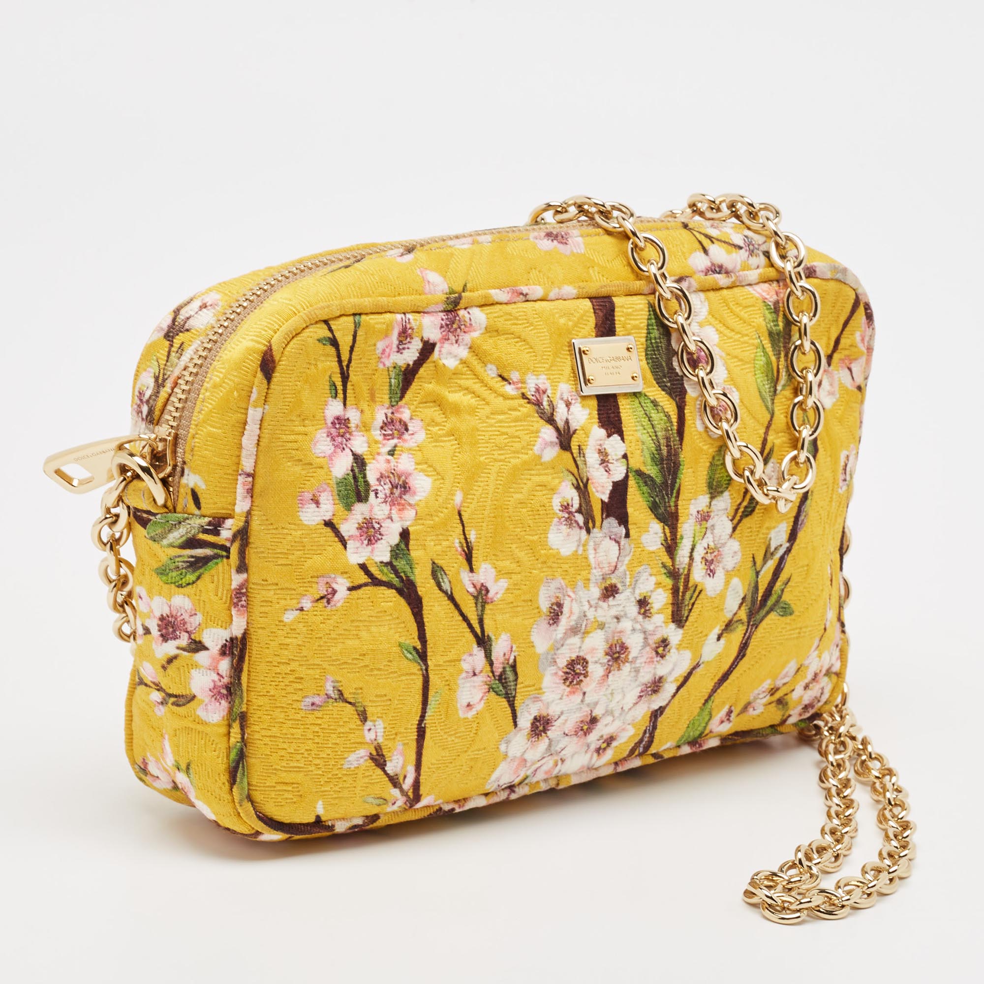 Dolce And Gabbana Yellow Floral Print Canvas Glam Shoulder Bag