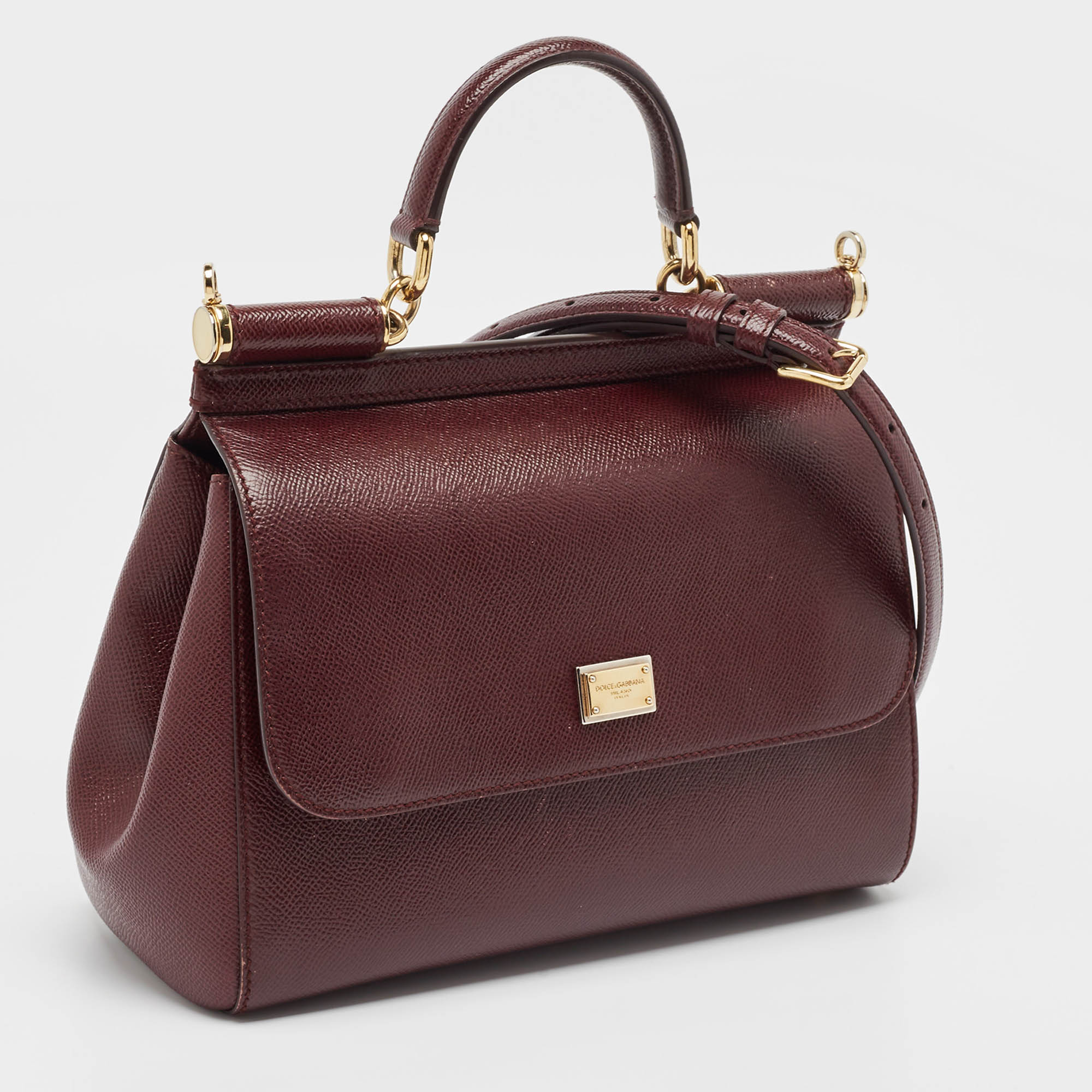 Dolce & Gabbana Burgundy Leather Medium Miss Sicily Top Handle Bag