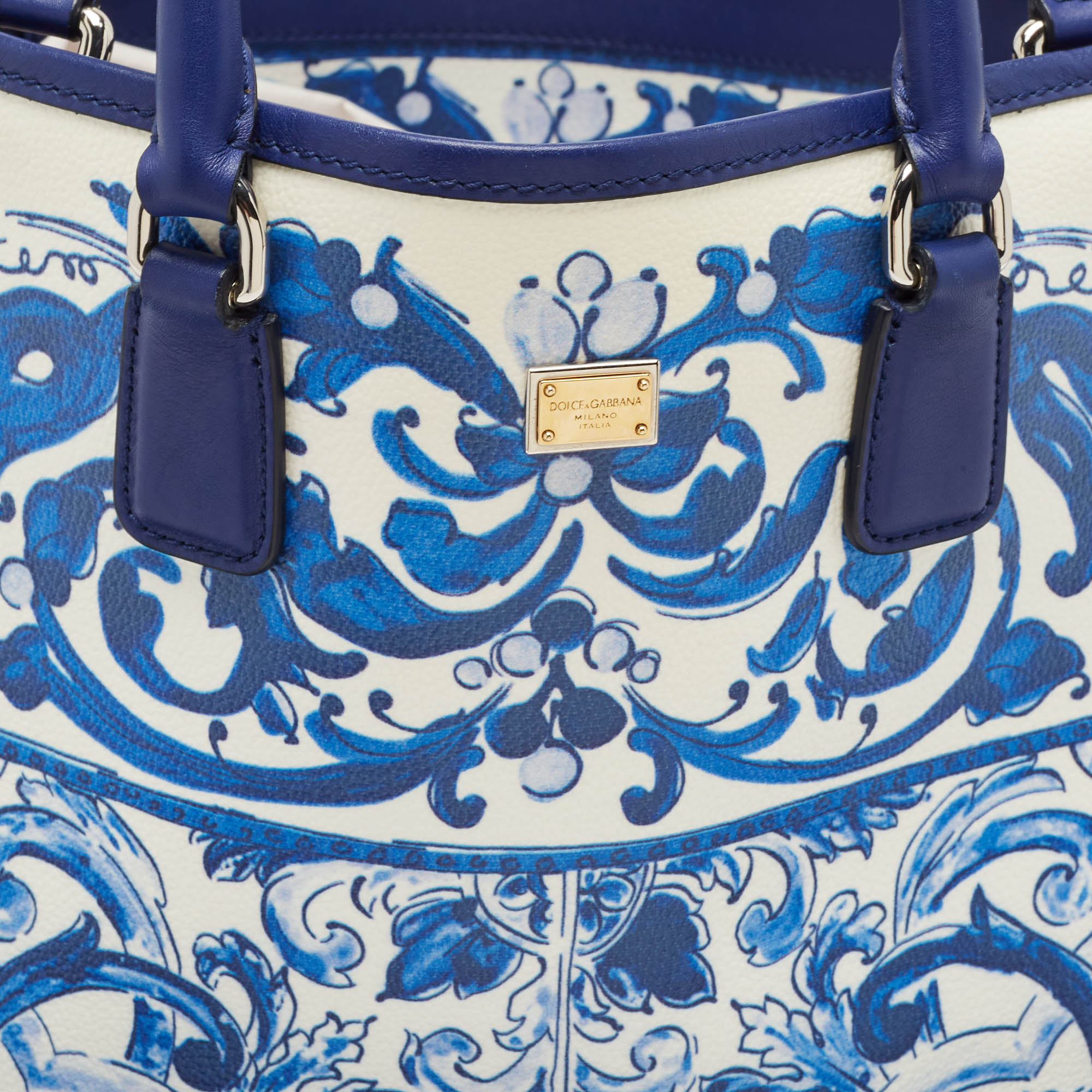 Dolce & Gabbana Blue/White Majolica Print Leather Miss Escape Tote