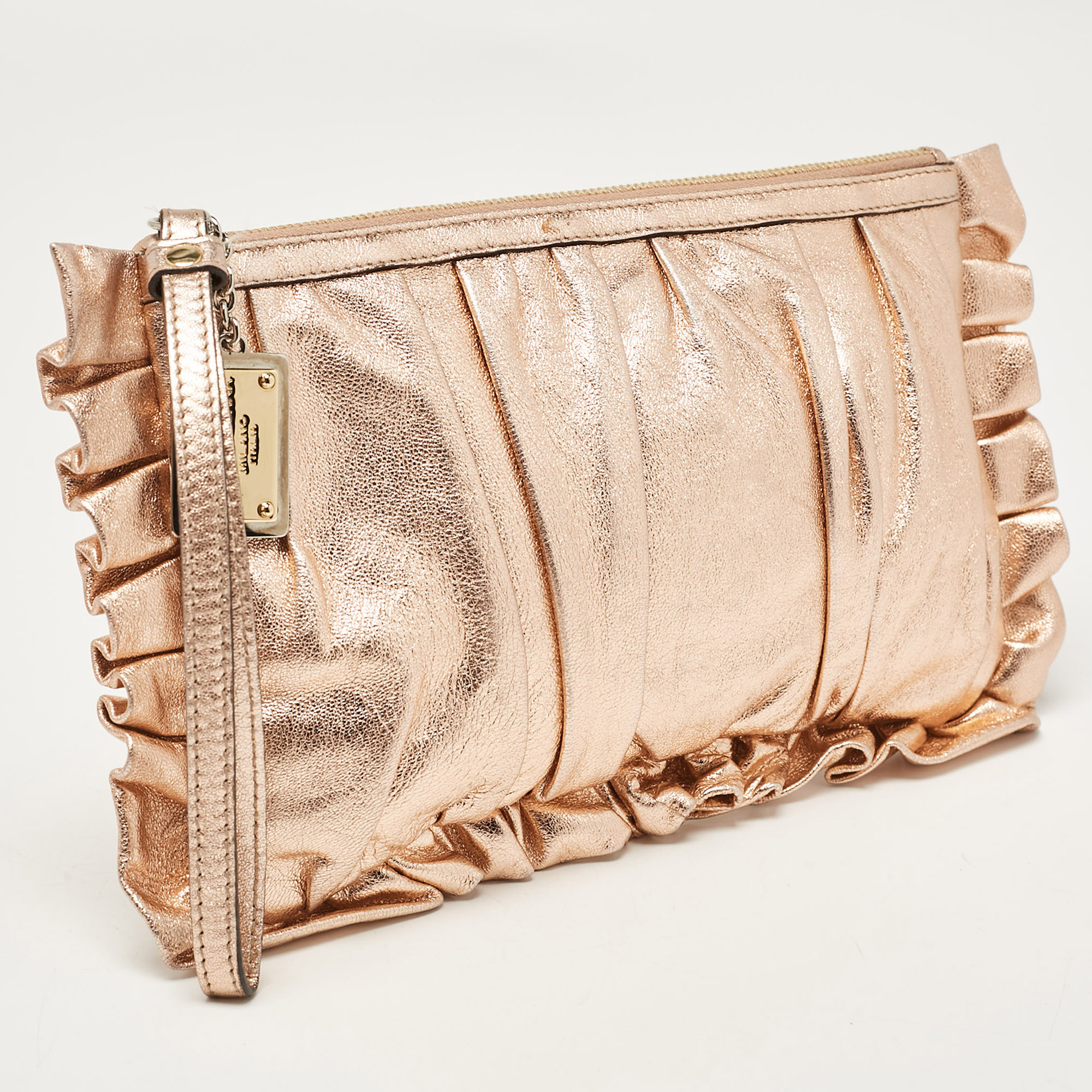 Dolce & Gabbana Rose Gold Leather Ruffle Wristlet Clutch