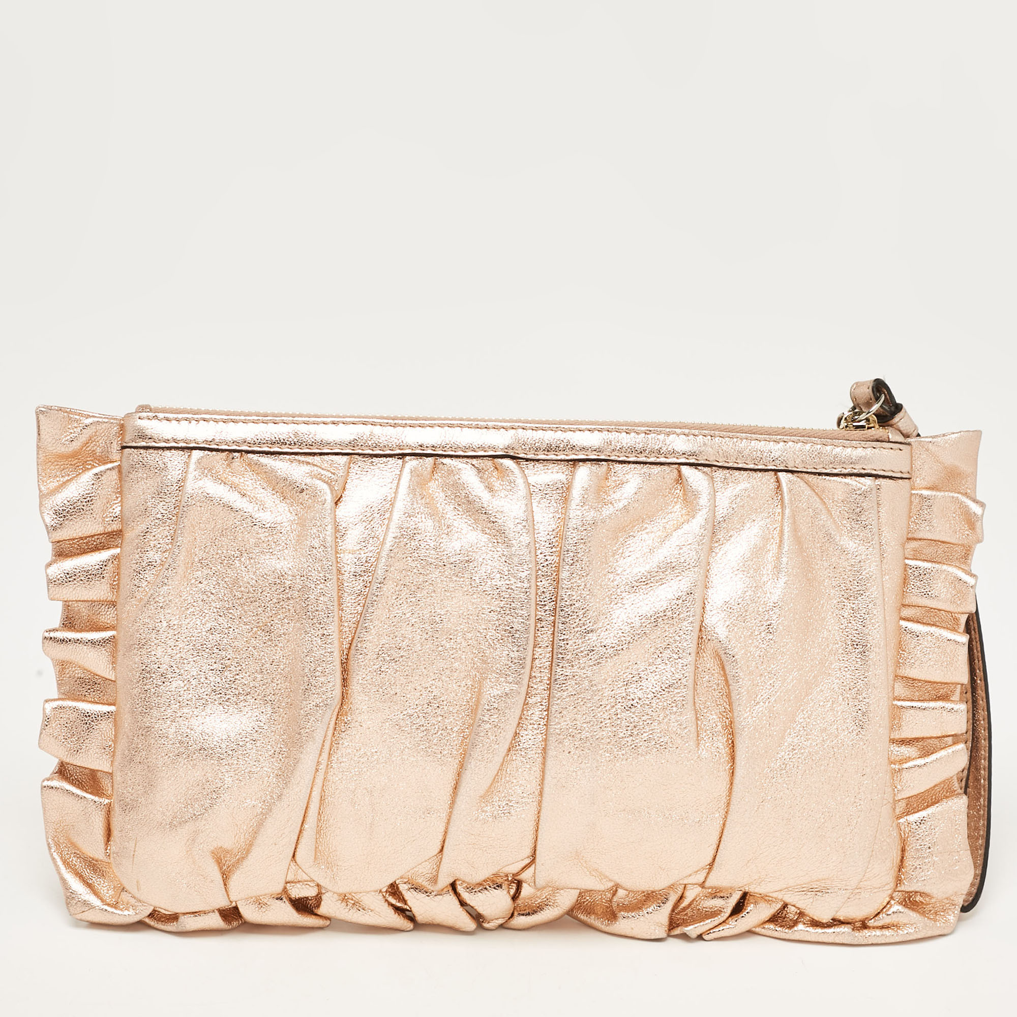 Dolce & Gabbana Rose Gold Leather Ruffle Wristlet Clutch