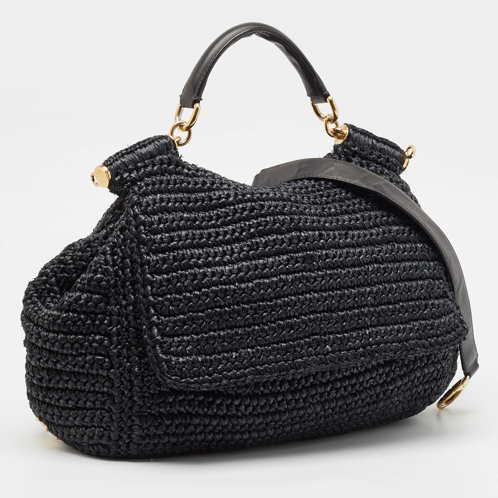 Dolce & Gabbana Black Crochet Straw And Leather Large Miss Sicily Top Handle Bag