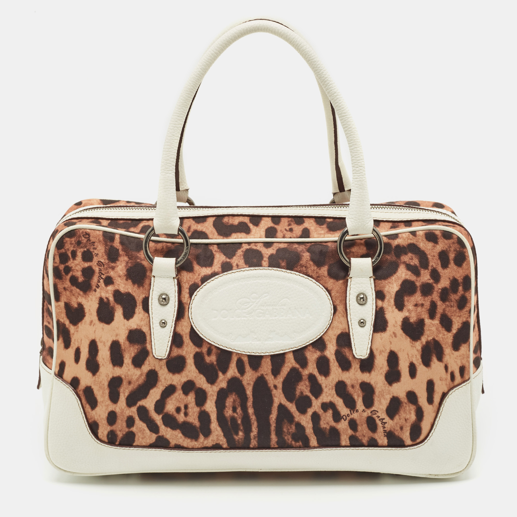 Dolce & Gabbana White/Brown Leopard Print Fabric and Leather Satchel
Dolce & Gabbana White/Brown Leopard Print Fabric and Leather Satchel