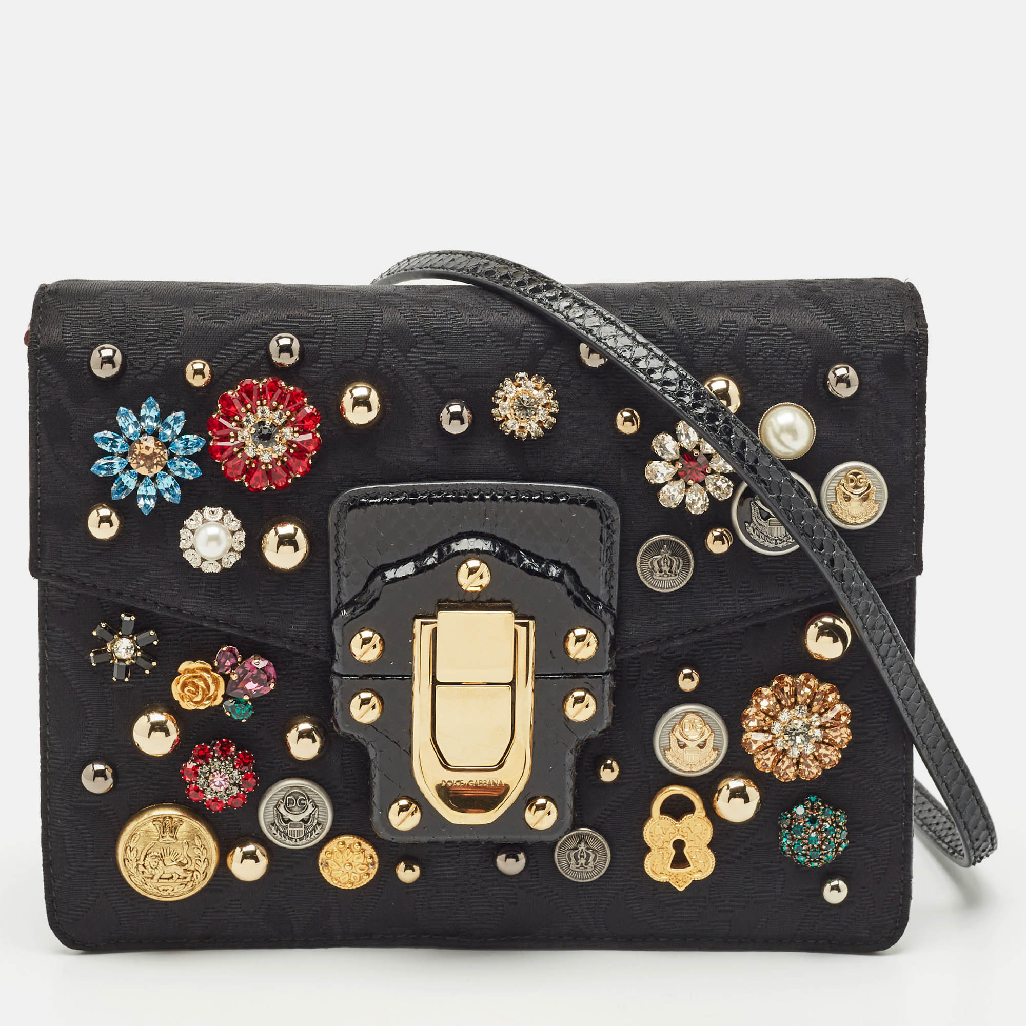 Dolce & Gabbana Black Jacquard Fabric and Snakeskin Embellished Lucia Shoulder Bag
Dolce & Gabbana Black Jacquard Fabric and Snakeskin Embellished Lucia Shoulder Bag