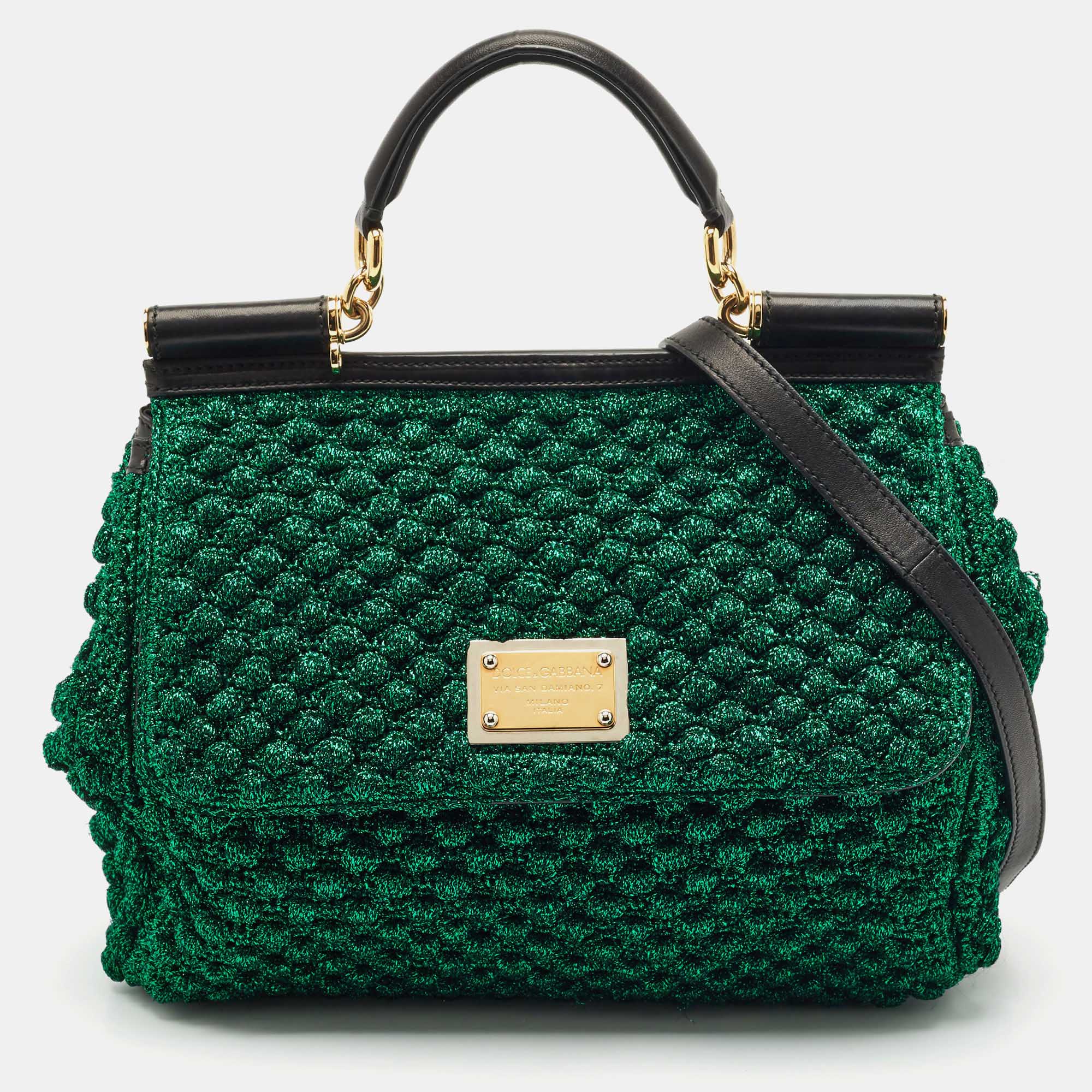 Dolce & Gabbana Metallic Green Crochet Lurex Fabric Miss Sicily Top Handle Bag
Dolce & Gabbana Metallic Green Crochet Lurex Fabric Miss Sicily Top Handle Bag