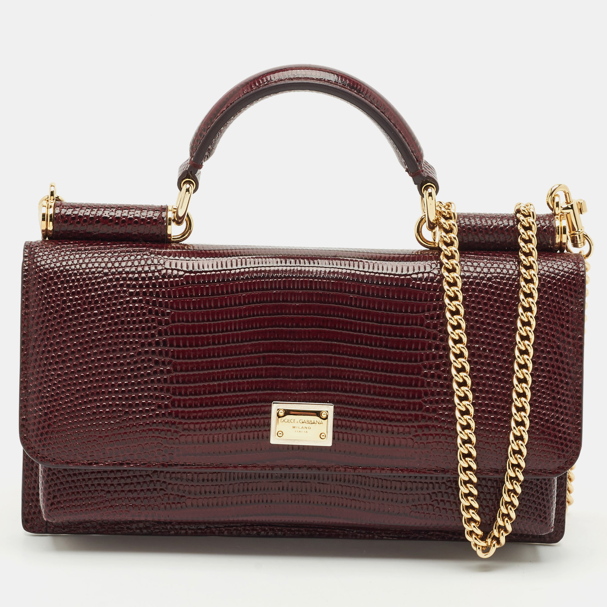 Dolce & Gabbana Dark Burgundy Lizard Embossed Leather Sicily Wallet on Chain
Dolce & Gabbana Dark Burgundy Lizard Embossed Leather Sicily Wallet on Chain