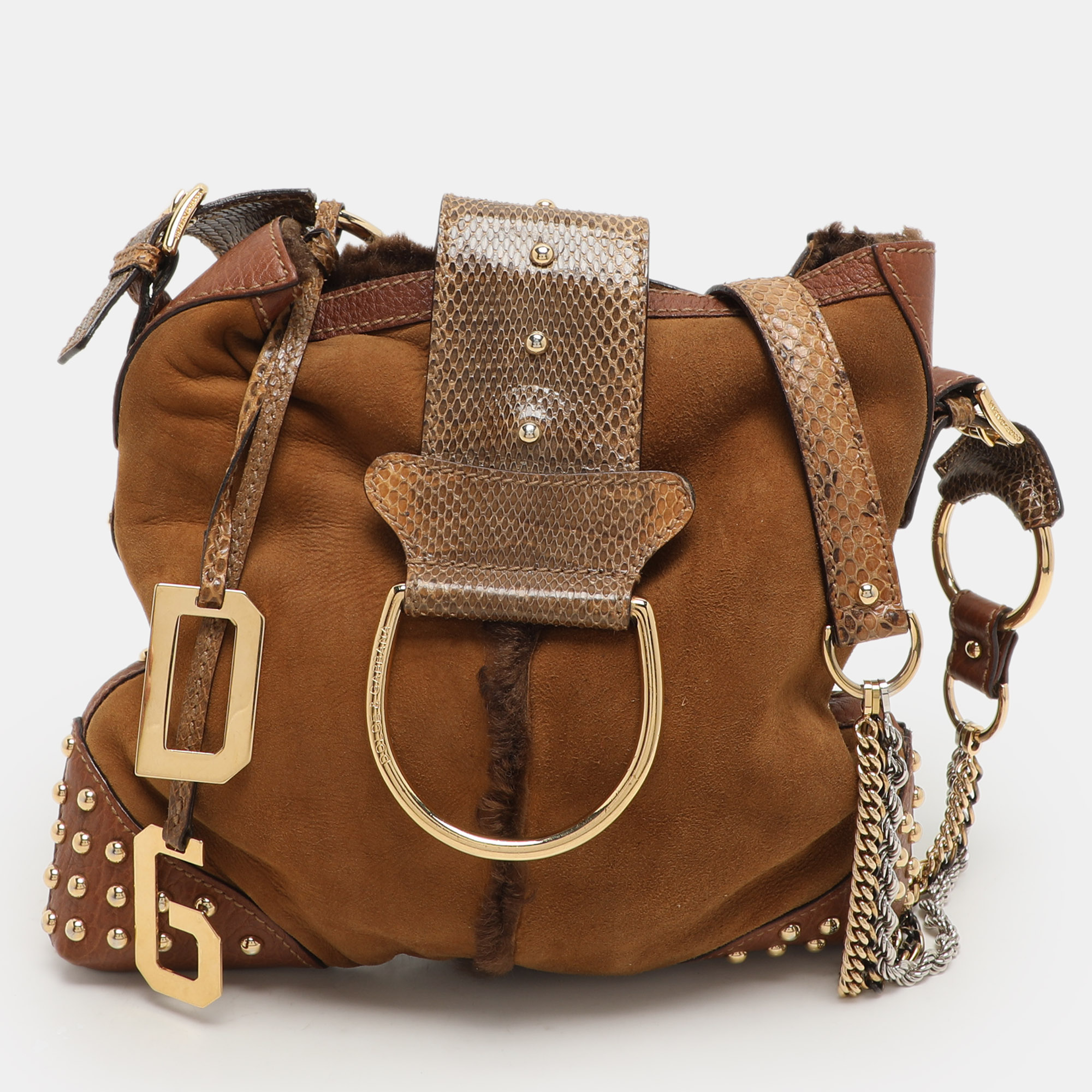 Dolce & Gabbana Brown Nubuck Leather and Snakeskin Studded Shoulder Bag
Dolce & Gabbana Brown Nubuck Leather and Snakeskin Studded Shoulder Bag
