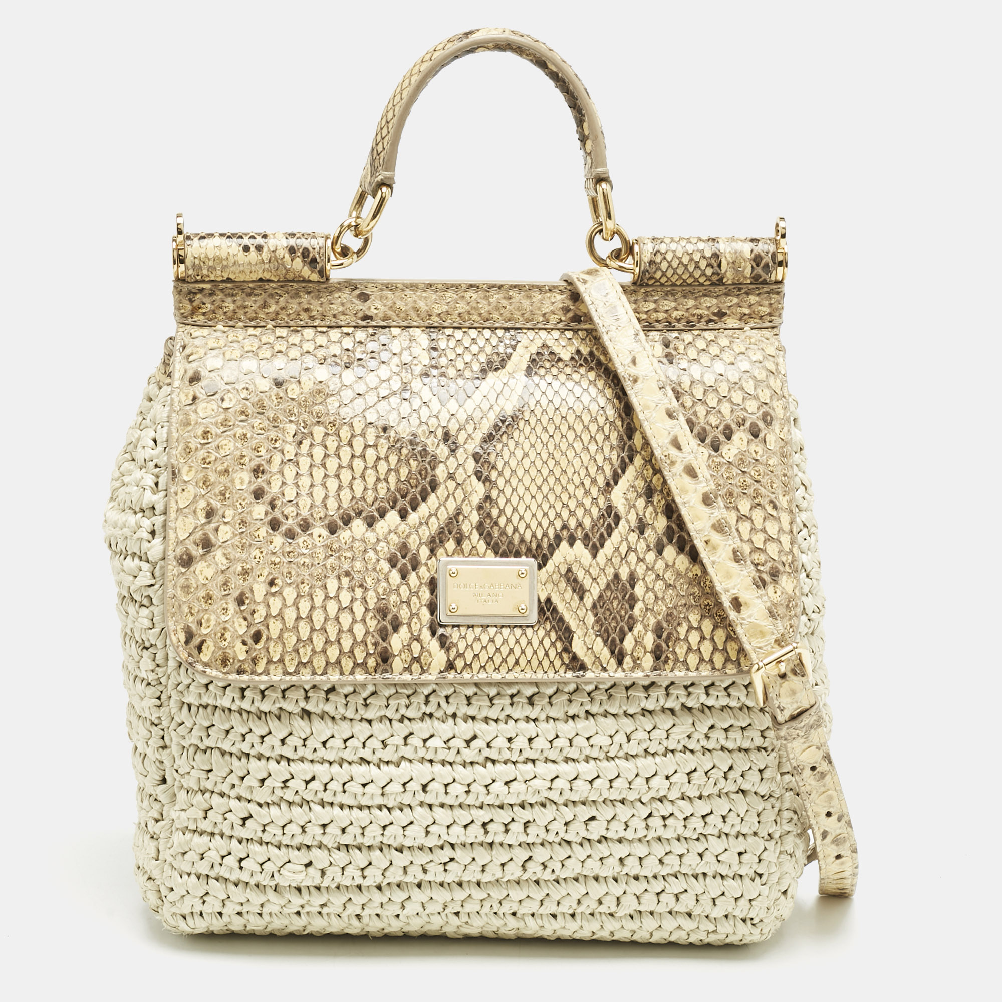 Dolce & Gabbana Beige/Off White Raffia and Python Miss Sicily Top Handle Bag
Dolce & Gabbana Beige/Off White Raffia and Python Miss Sicily Top Handle Bag