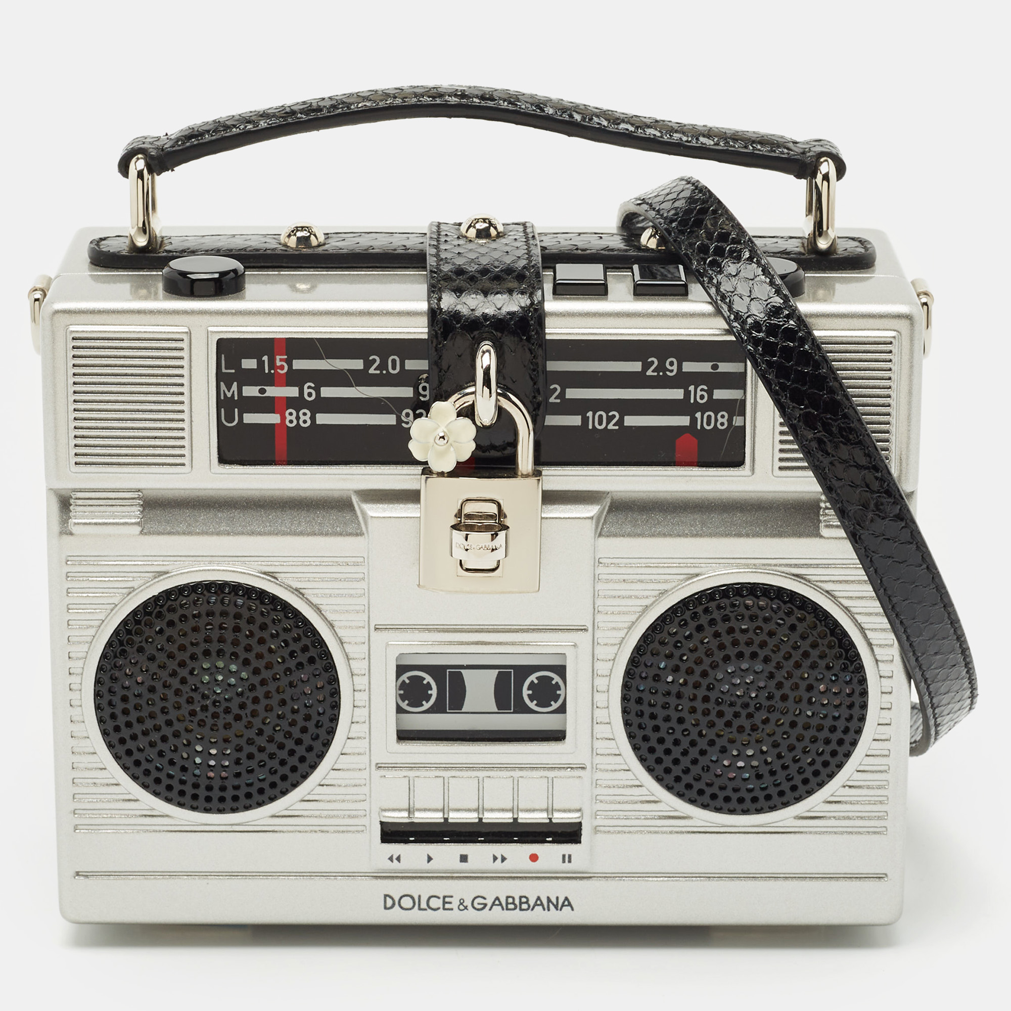 Dolce & Gabbana Grey/Black Acrylic and Snakeskin Trim Radio Boom Box Top Handle Bag
Dolce & Gabbana Grey/Black Acrylic and Snakeskin Trim Radio Boom Box Top Handle Bag
