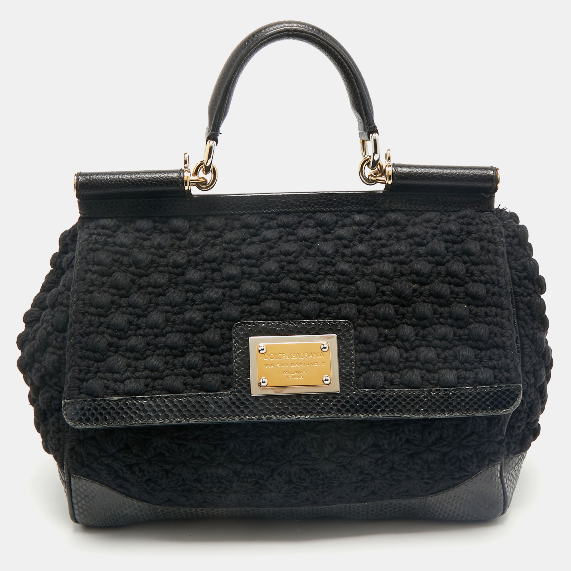 Dolce & Gabbana Black Crochet and Snakeskin Large Miss Sicily Top Handle Bag
Dolce & Gabbana Black Crochet and Snakeskin Large Miss Sicily Top Handle Bag
