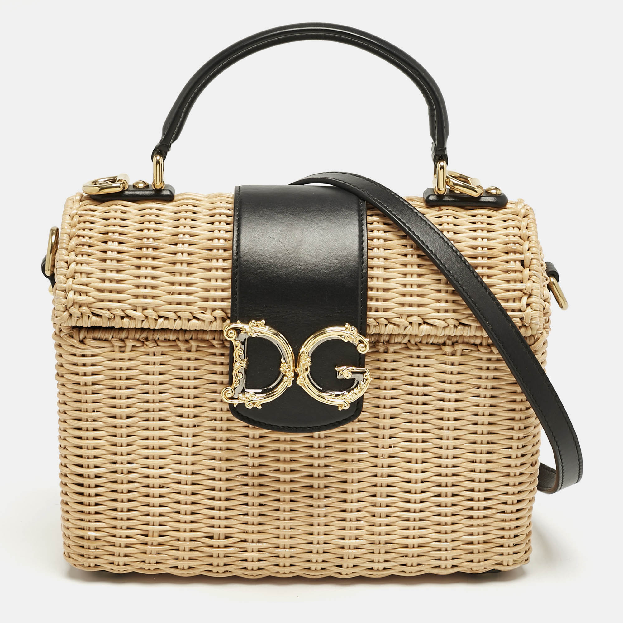 Dolce & Gabbana Black/Beige Woven Rattan and Leather DG Flap Top Handle Bag
Dolce & Gabbana Black/Beige Woven Rattan and Leather DG Flap Top Handle Bag
