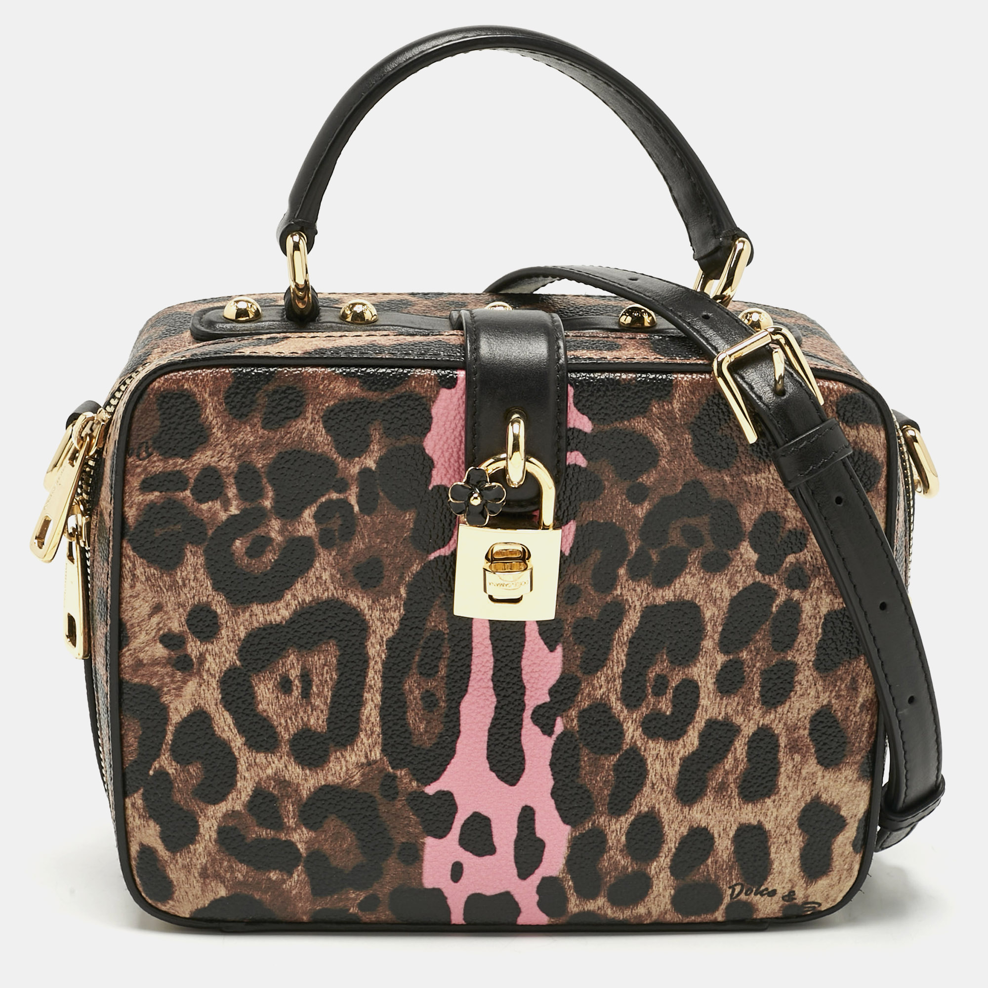 Dolce & Gabbana Brown/Black Leopard Print Coated Canvas Rosaria Box Top Handle Bag
Dolce & Gabbana Brown/Black Leopard Print Coated Canvas Rosaria Box Top Handle Bag