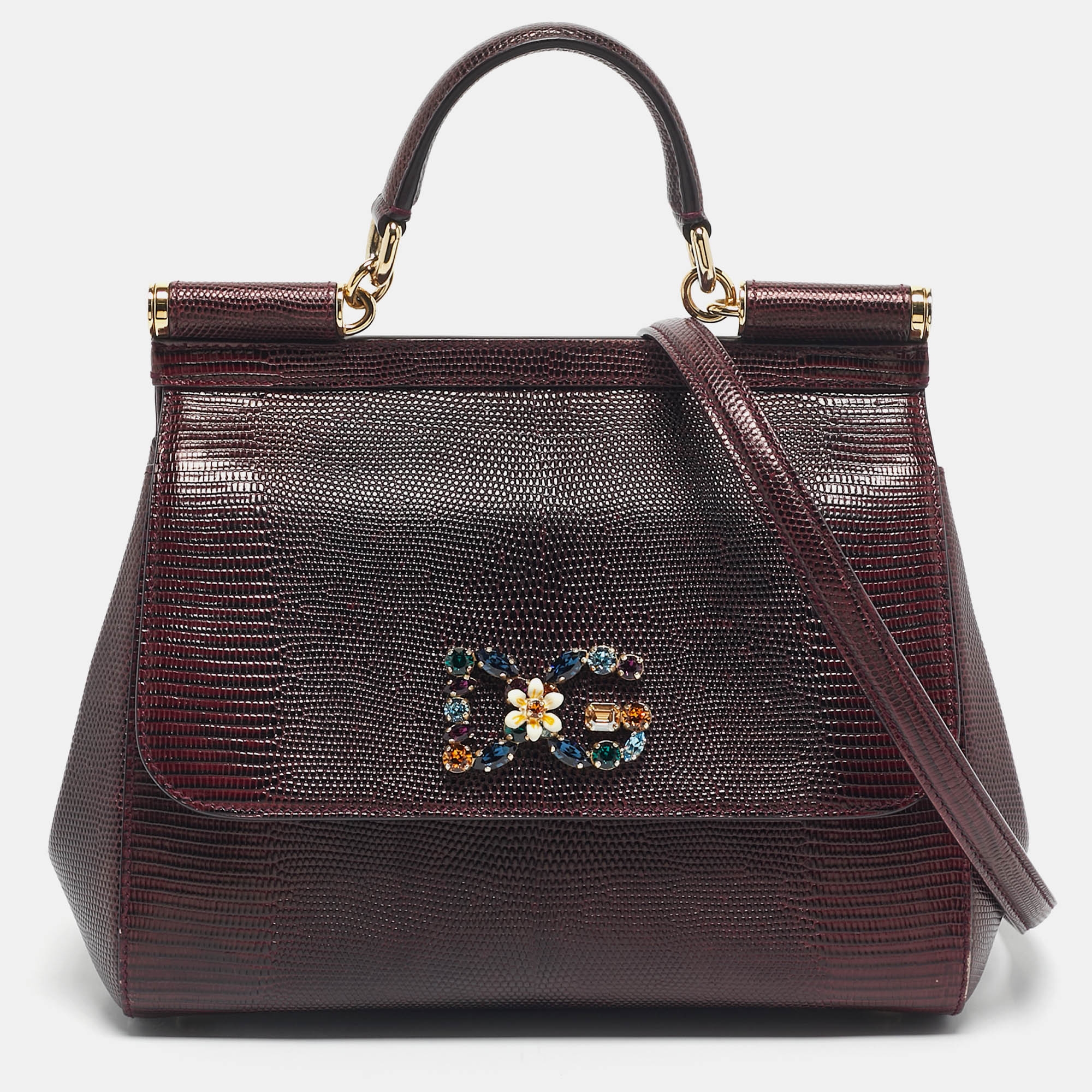 Dolce & Gabbana Burgundy Lizard Embossed Leather Miss Sicily Top Handle Bag
Dolce & Gabbana Burgundy Lizard Embossed Leather Miss Sicily Top Handle Bag