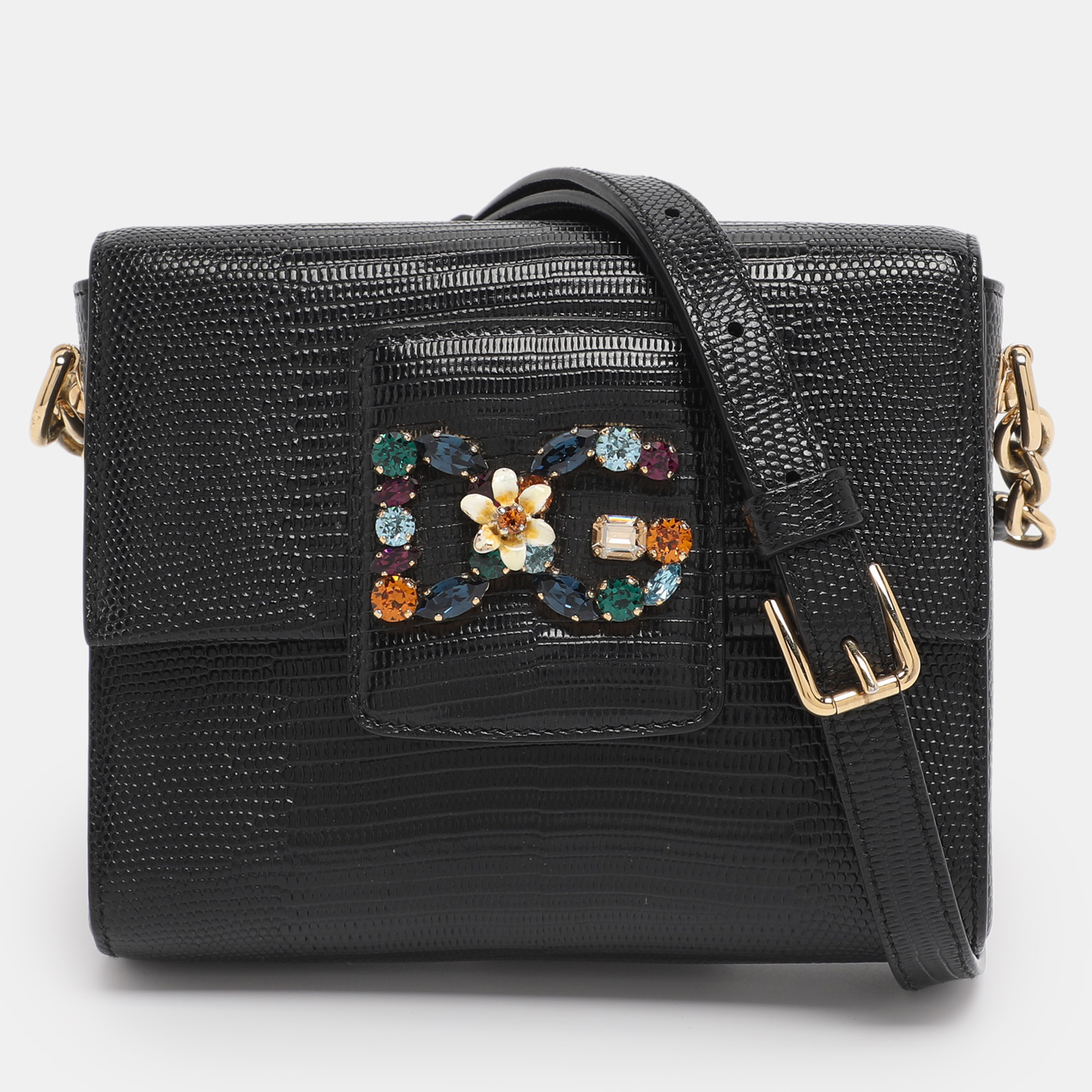 Dolce & Gabbana Black Lizard Embossed Leather DG Millennials Shoulder Bag 
Dolce & Gabbana Black Lizard Embossed Leather DG Millennials Shoulder Bag