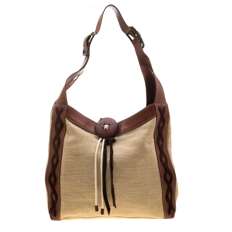 Image of Dolce & Gabbana Beige/Brown Stitches Canvas, Leather and Suede Trim Button Lock Shoulder Bag