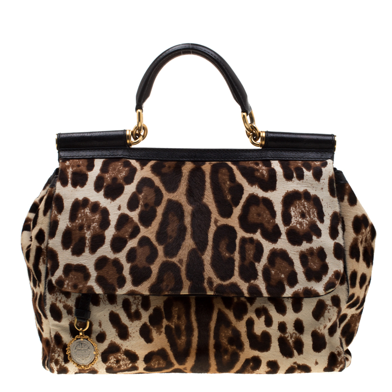 Image of Dolce & Gabbana Beige/Black Leopard Print Calfhair Large Miss Sicily Top Handle Bag