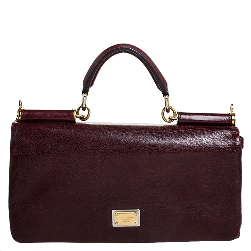 Image of Dolce and Gabbana Burgundy Leather East West Miss Sicily Leather Top Handle Bag