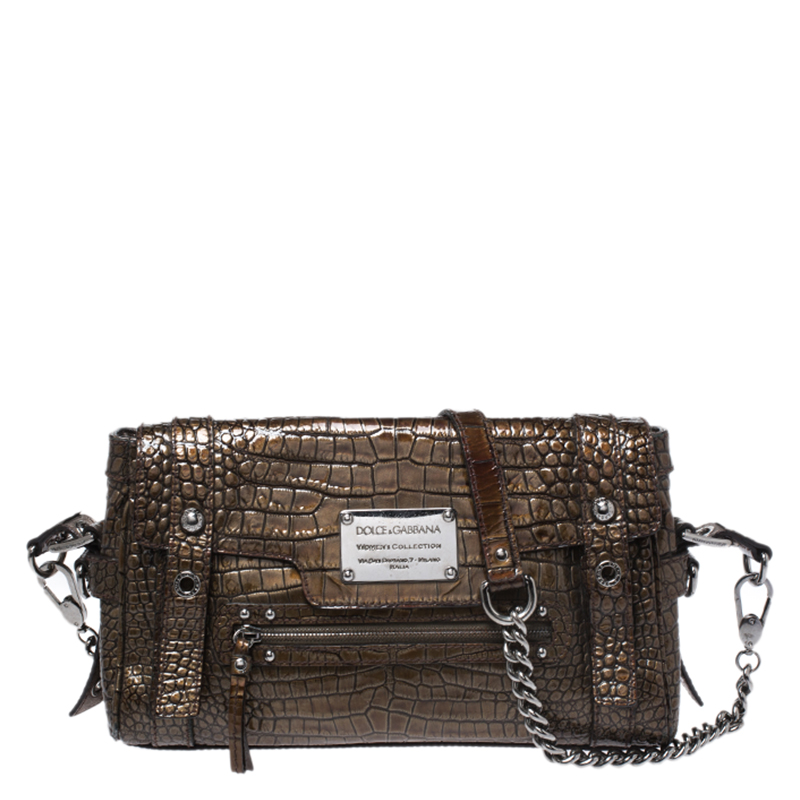 Dolce & gabbana brown croc embossed patent leather miss easy way shoulder bag