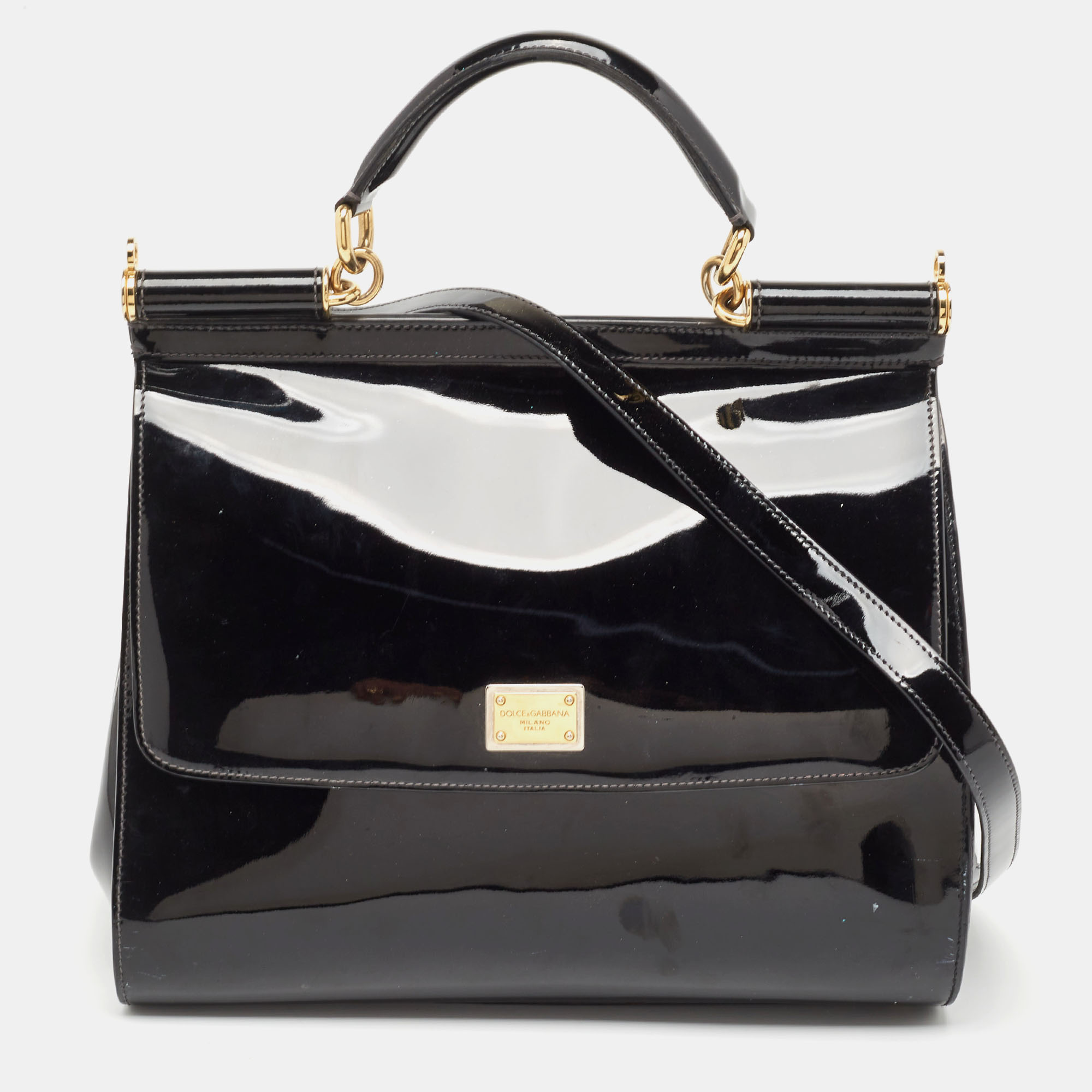 Dolce & gabbana black patent leather large miss sicily top handle bag