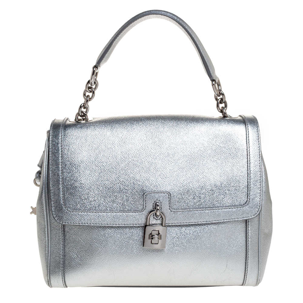 Image of Dolce and Gabbana Silver Leather Small Miss Dolce Top Handle Bag