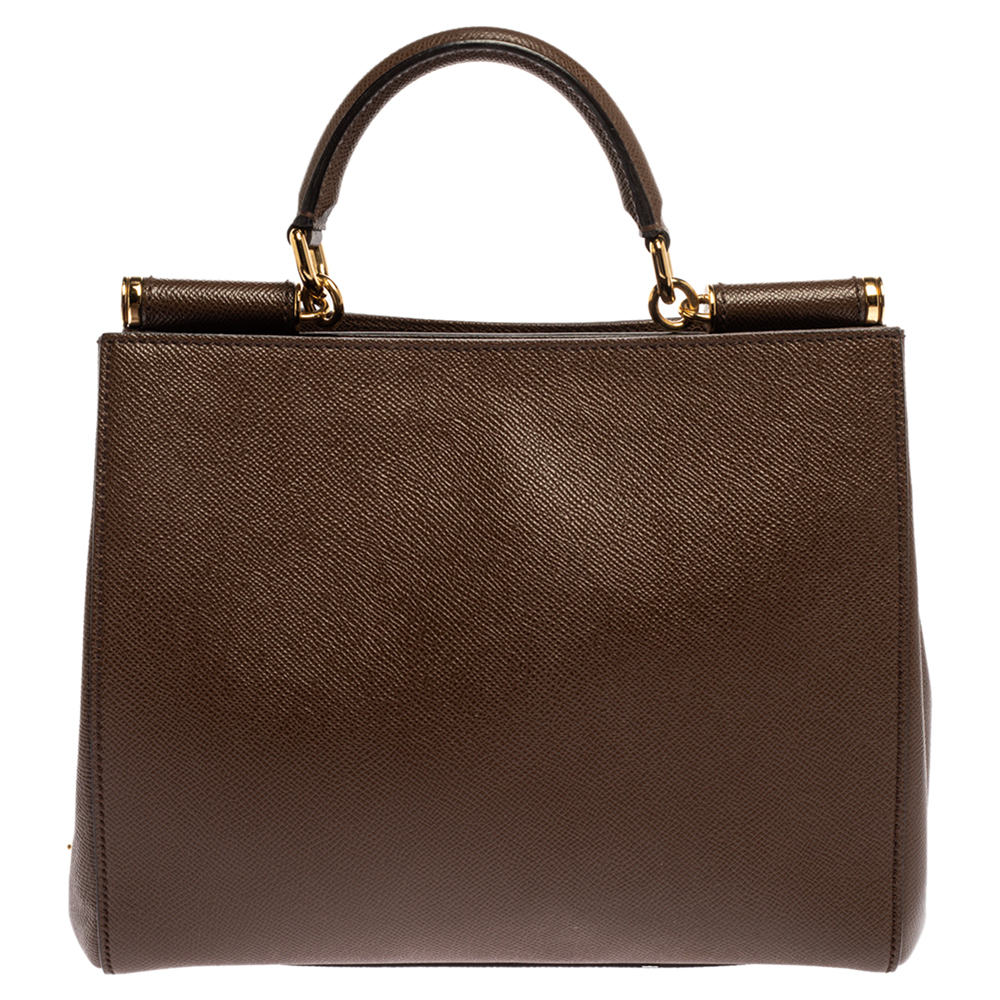 Image of Dolce and Gabbana Brown Grained Leather Sicily East West Top Handle Bag