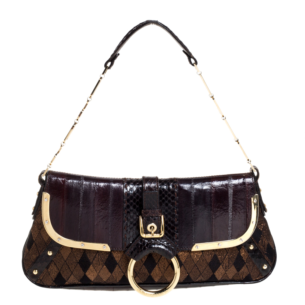 Image of Dolce and Gabbana Brown/Gold Leather, Lame Fabric and Python Ring Handle Shoulder Bag