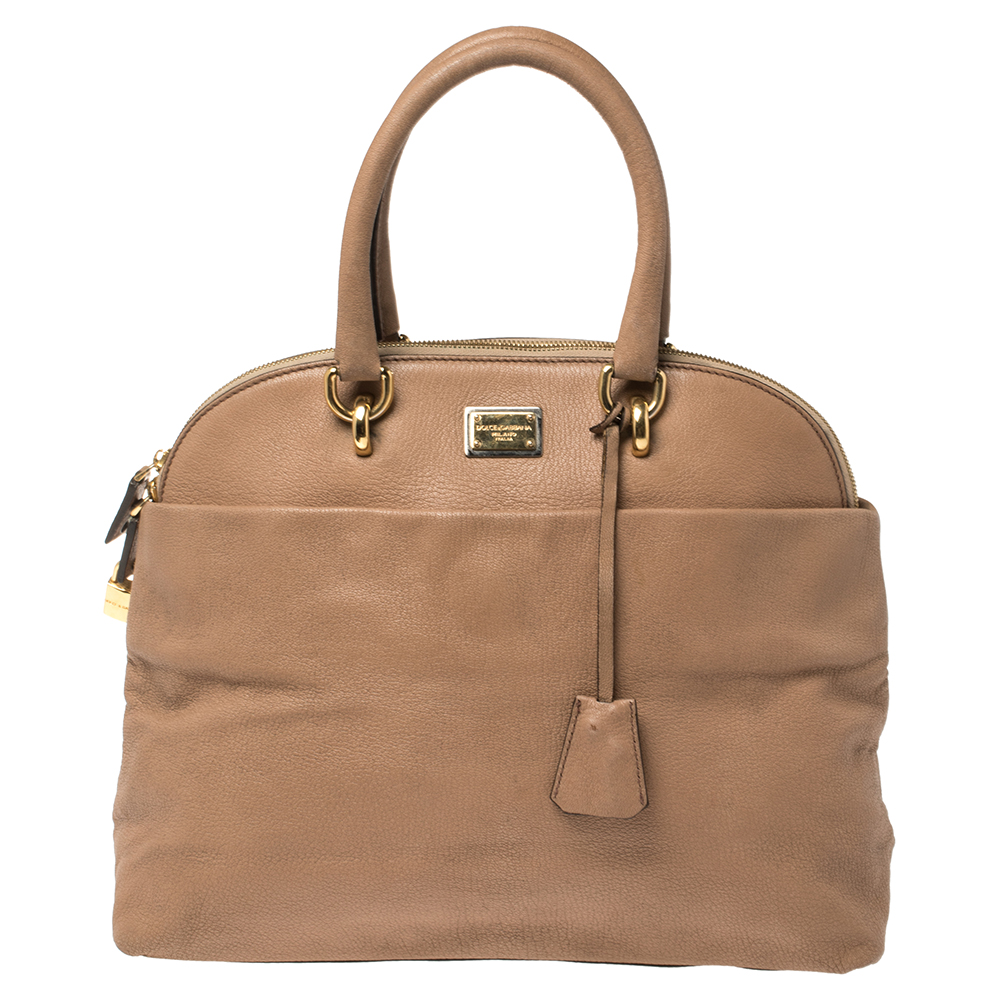 Image of Dolce and Gabbana Beige Textured Leather Medium Megan Dome Satchel