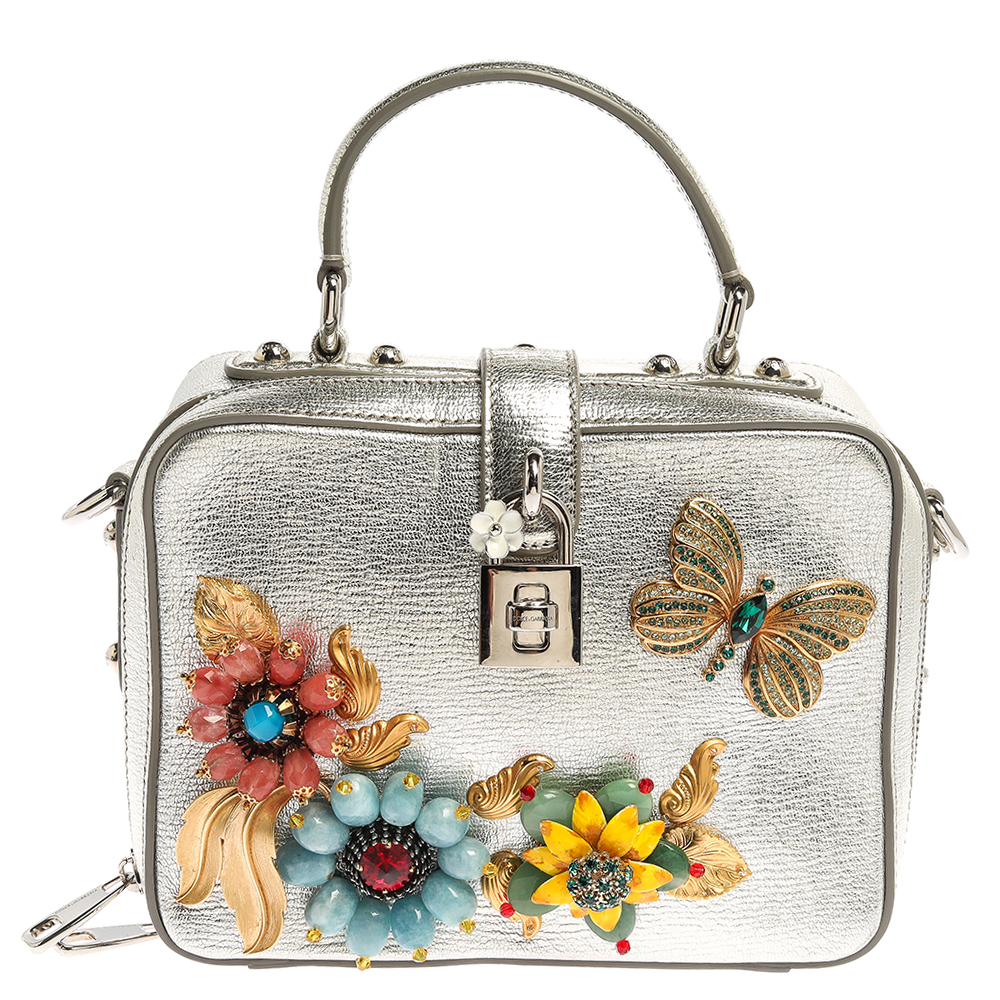 Image of Dolce and Gabbana Silver Embellished Leather Dolce Soft Limited Edition Top Handle Bag