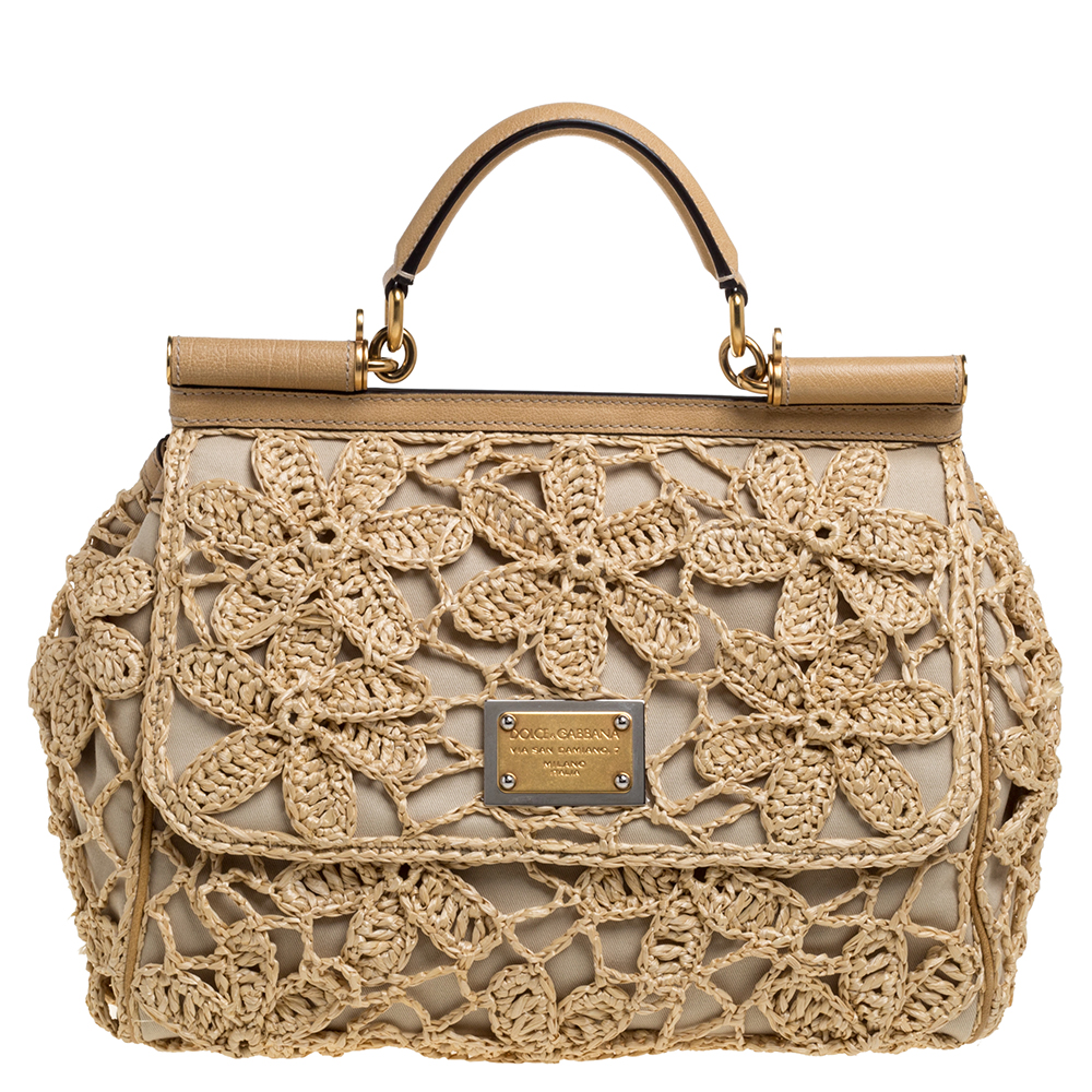 Image of Dolce & Gabbana Beige Crochet Raffia, Fabric and Leather Large Miss Sicily Top Handle Bag