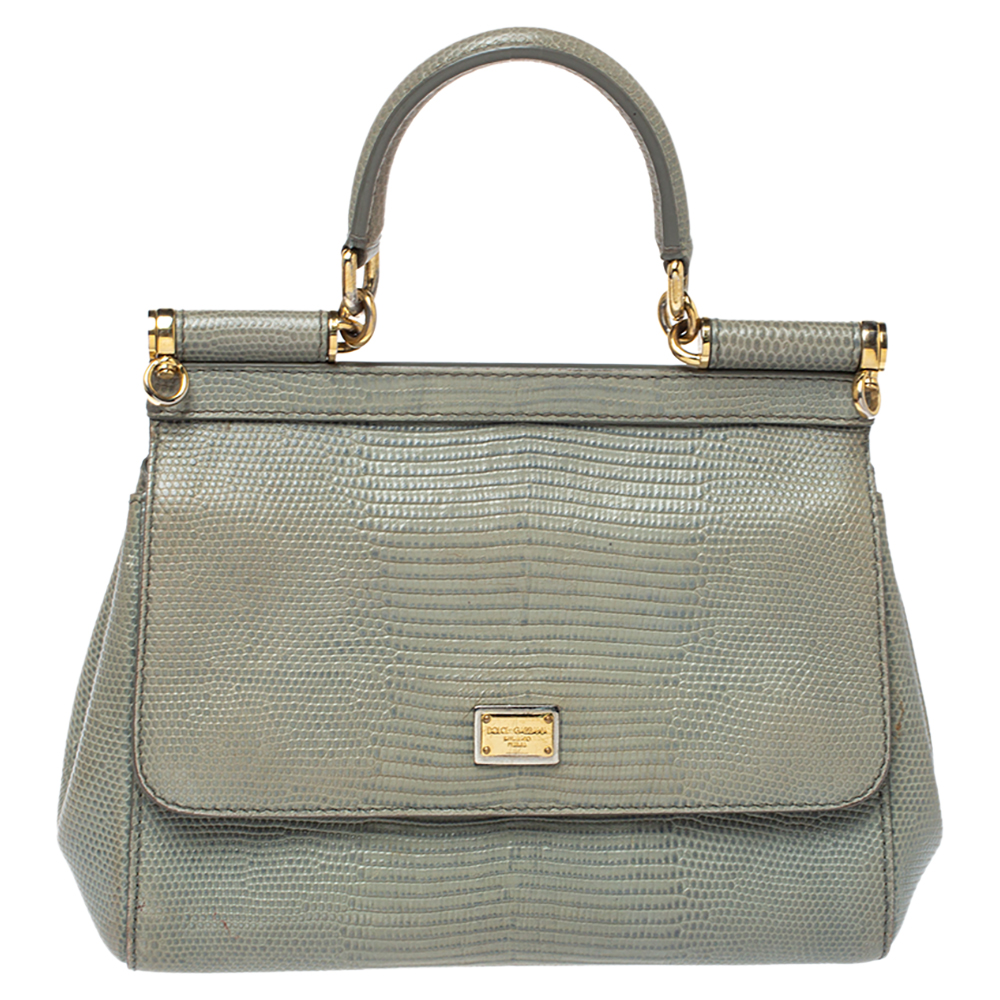 Image of Dolce & Gabbana Avocado Green Lizard Embossed Leather Small Miss Sicily Top Handle Bag