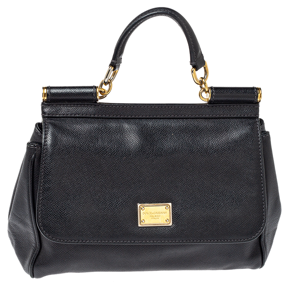 Image of Dolce & Gabanna Black Leather Medium Miss Sicily Top Handle Bag