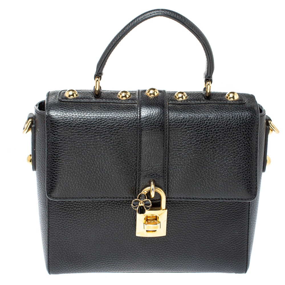 Image of Dolce and Gabbana Black Grained Leather Padlock Flap Top Handle Bag