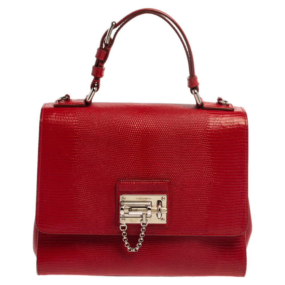 Dolce & Gabbana Red Lizard Embossed Leather Medium Miss Monica Top Handle Bag