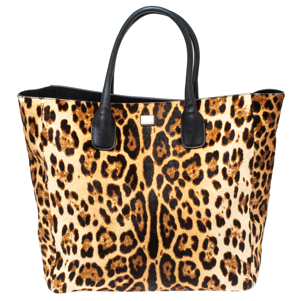 Dolce & Gabbana Black/Brown Leopard Print Calf Hair and Leather Open Tote