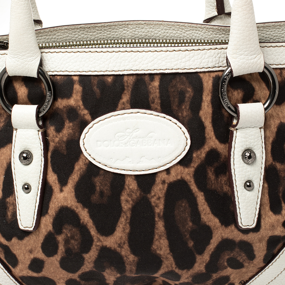 Dolce & Gabbana White/Brown Animal Print Fabric And Leather Satchel